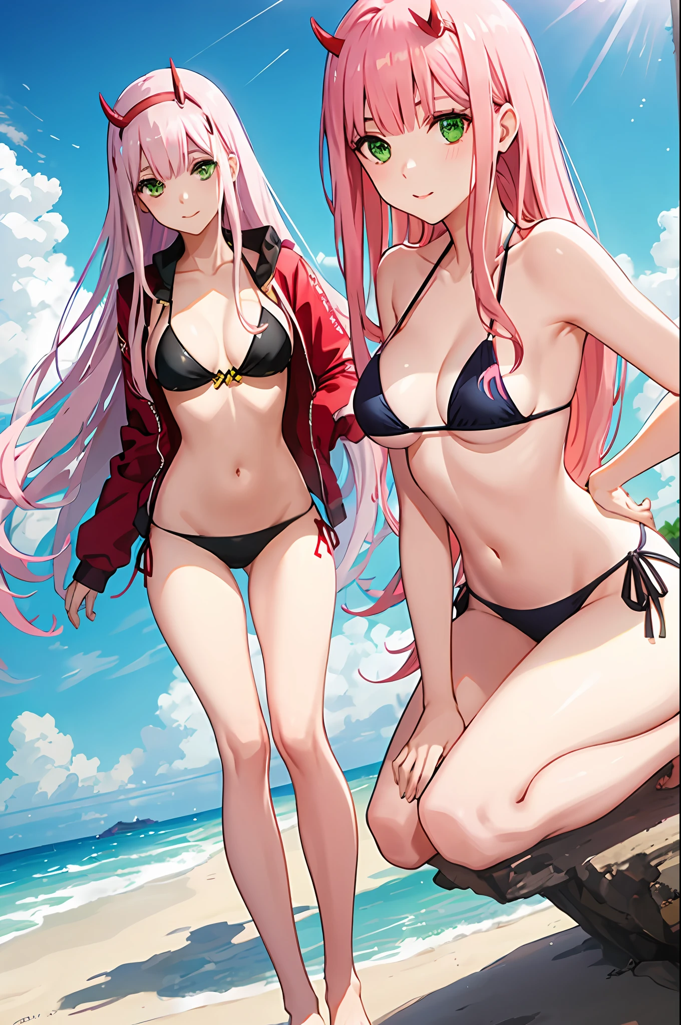 zero two, side tie bikini, medium breast, slim legs, sunny day, Beach, leaning, beautiful eyes, green eyes, nervous