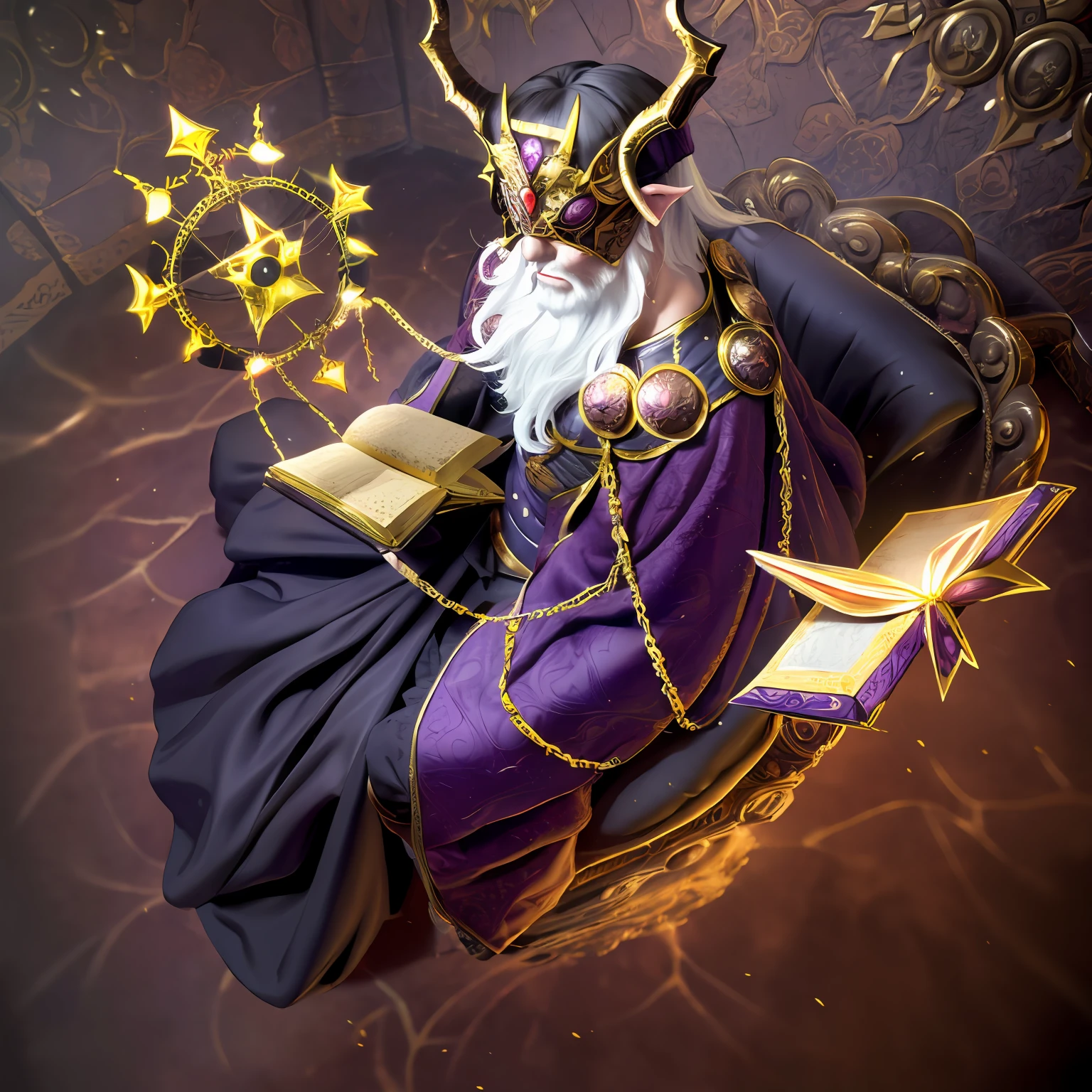 masterpiece, best quality, ultra-detailed, (1 elderly old man), (from above), sitting, (high fantasy medieval theme:1.1), in a castle, detailed background, dark mysterious lighting, magical atmosphere, (holding a magic book), magical atmosphere, white power