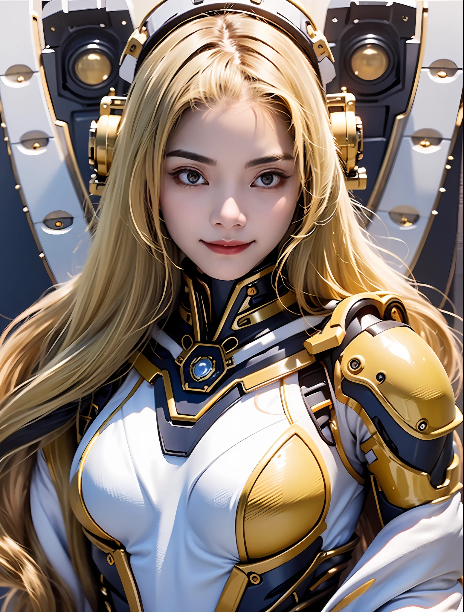 Best quality, masterpiece, upper body, exposed waist, yellow hair, long hair, a yellow and white mech girl, complex mecha, exquisite details, many details of the mecha, yellow and white mecha, white background, simple background