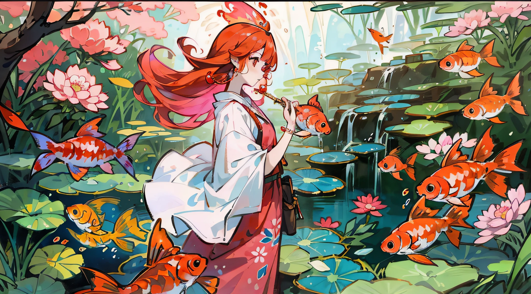 The image features a woman with red hair, wearing a pink flower in her hair. She is standing in front of a painting that depicts a scene with a large number of goldfish swimming in a pond. The woman appears to be the main focus of the painting, as she is surrounded by the vibrant fish. The painting captures the beauty and serenity of the scene, with the woman and the goldfish creating a harmonious composition.