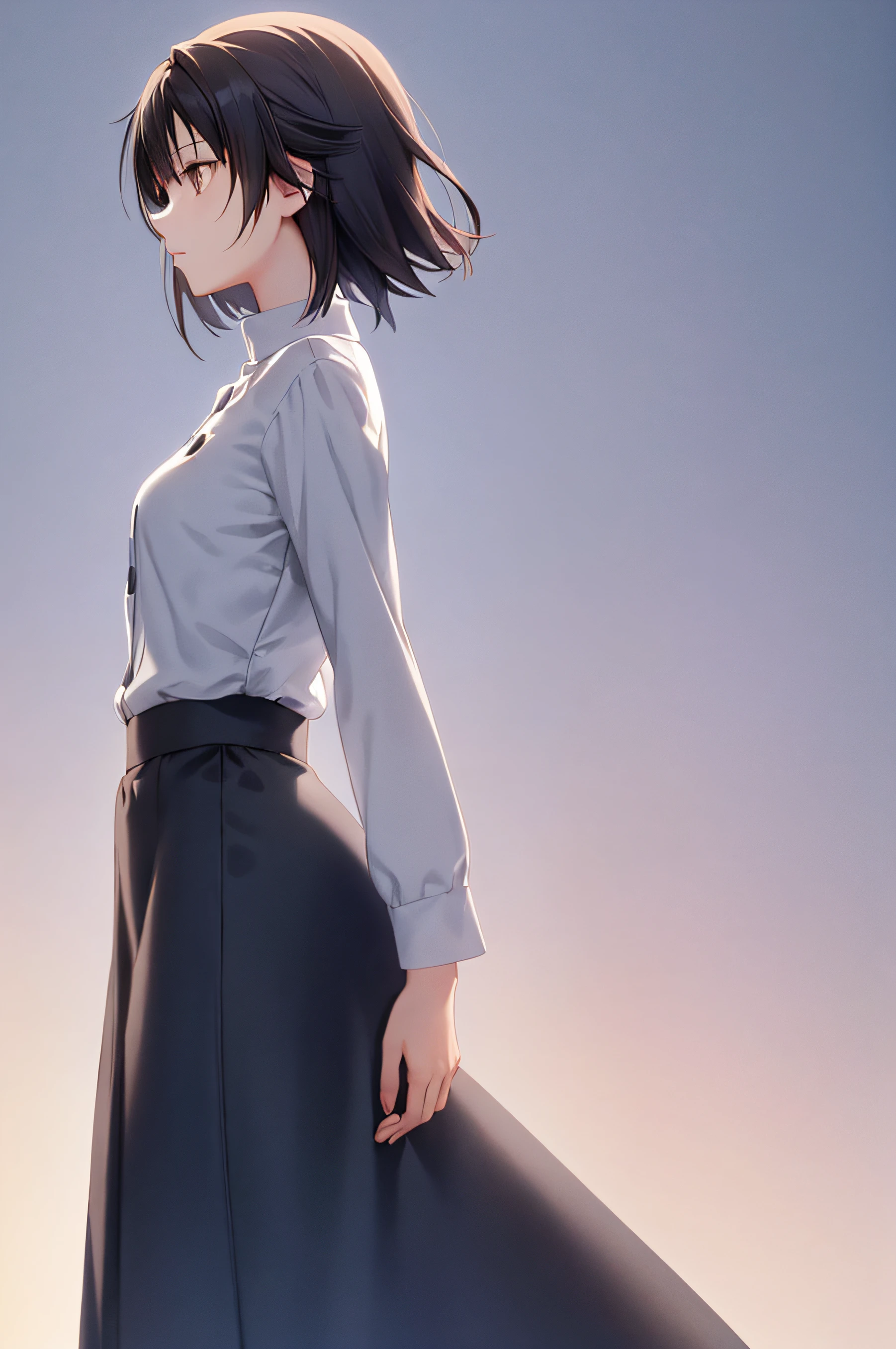 Very detailed and precise anime style illustrations, very beautiful woman, headless standing, brown short hair, perfect round gray eyes, small breasts, solo, wearing a gray long-sleeved shirt and a gray long skirt. The background is white, backlit, Makoto Shinkai CG art.