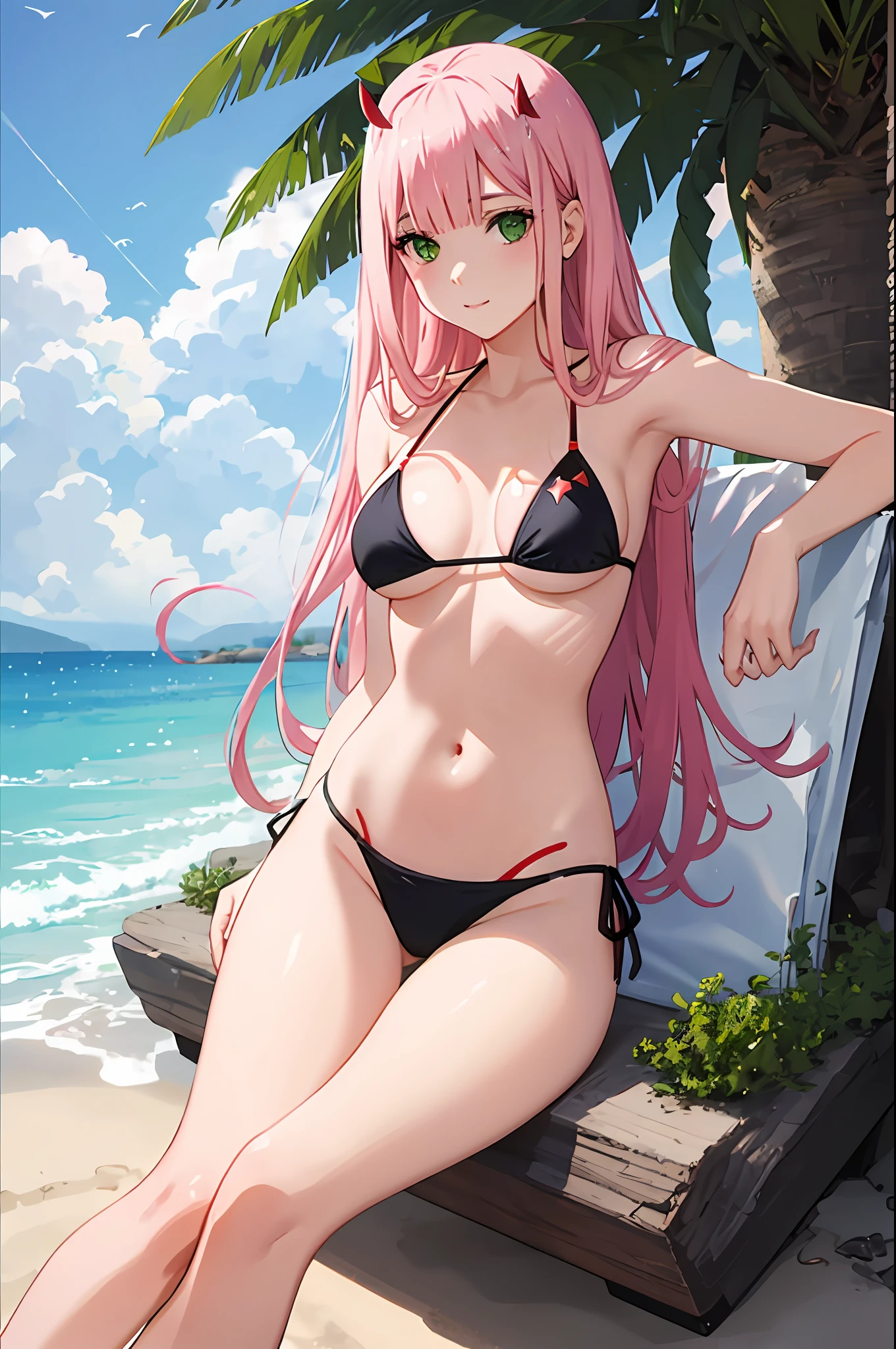 zero two, side tie bikini, medium breast, slim legs, sunny day, Beach, leaning, beautiful eyes, green eyes, nervous