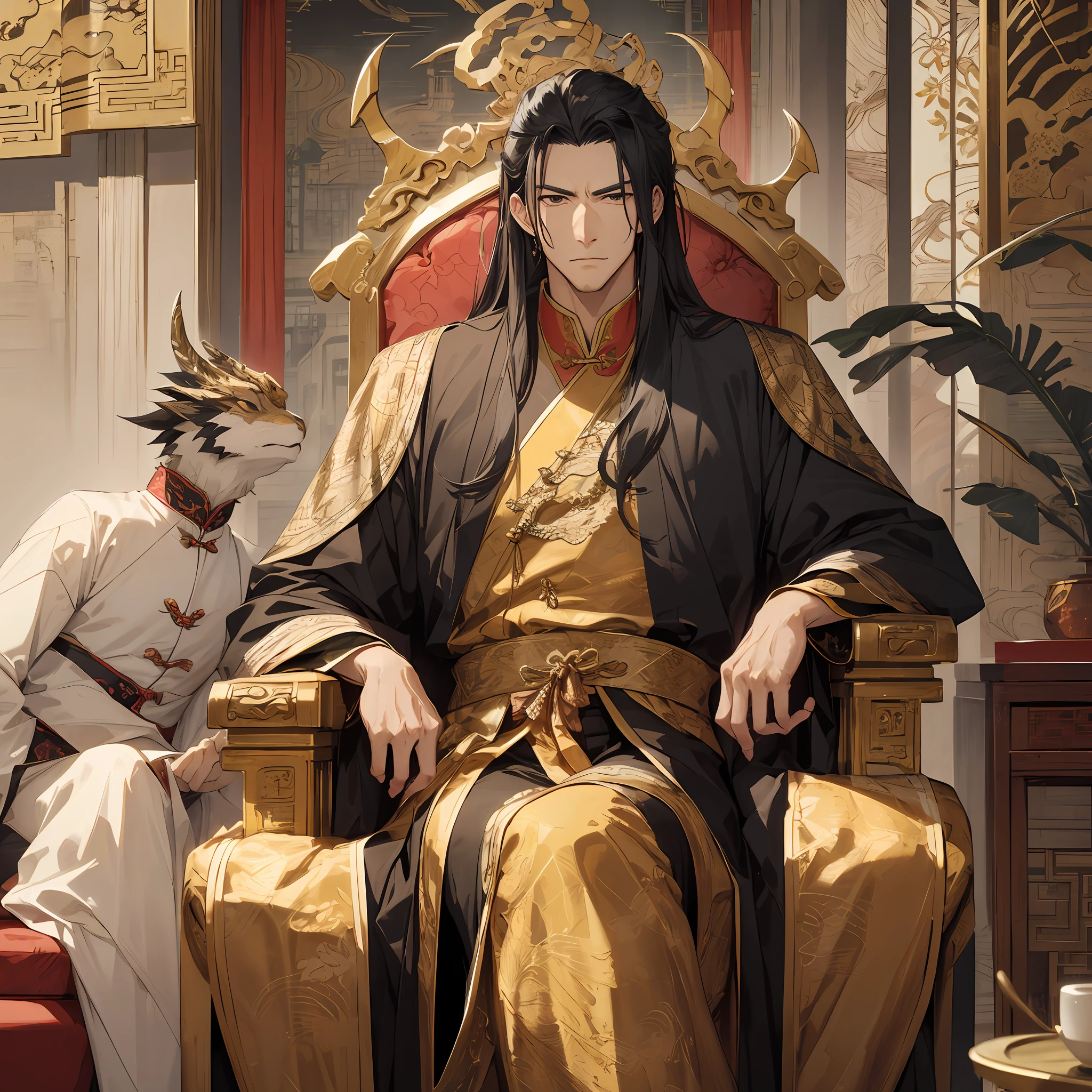 Mature man, Chinese style, ancient China, black hair, black eyes, long hair, handsome, masculine, serious, gentle, tall and strong, black and gold blend, gold pattern, dragon pattern, inside the palace, lying on a dragon chair