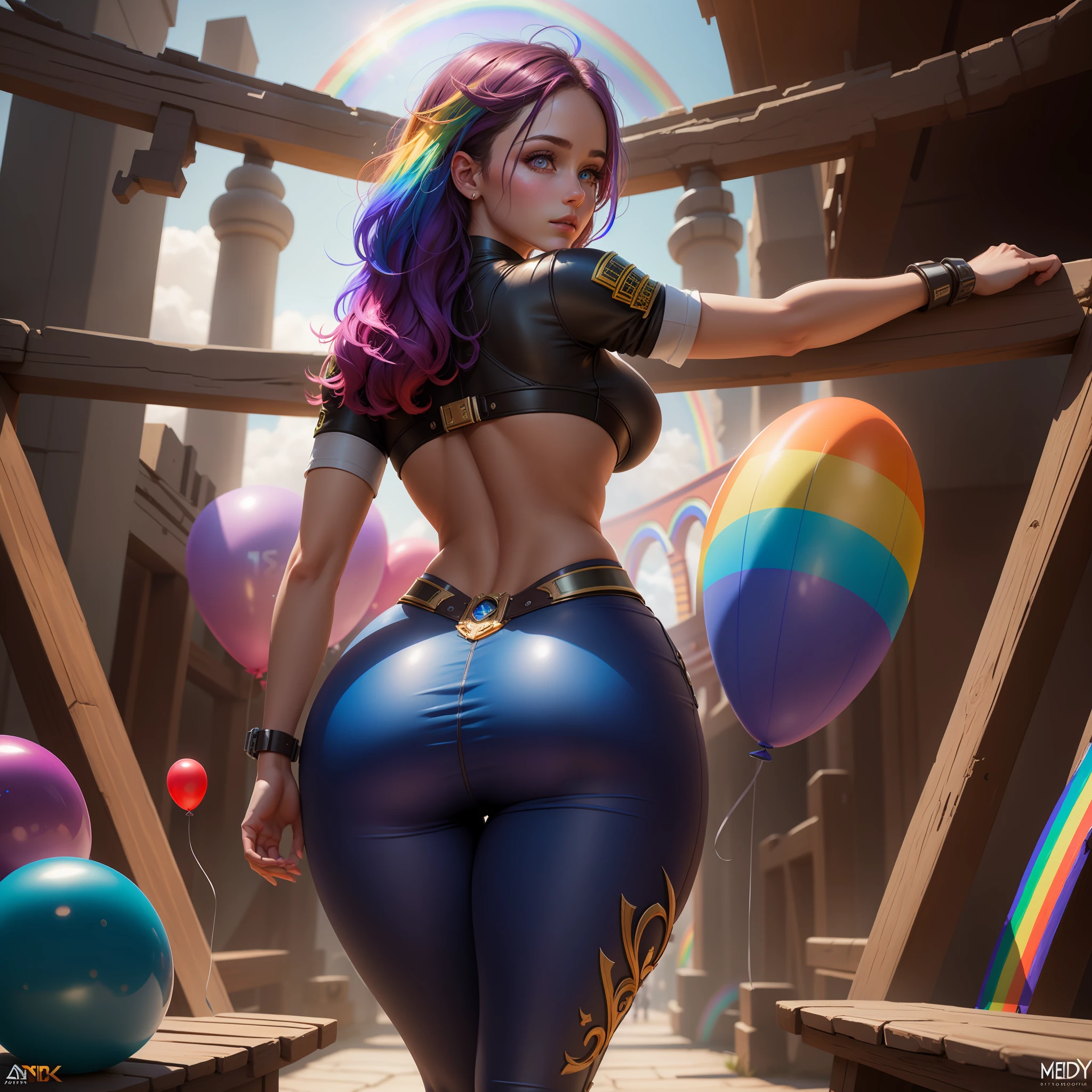 Highly detailed RAW color Photo, beautiful young girl, from behind, (wide hips), (detailed skin), (detailed lips), (detailed eyes), (rainbow bridge:1.4), (balloon:1.1), (Sci-Fi setting) (detailed face), (curvy), detailed eyes, chromatic aberration, depth of field, soft lighting, masterpiece, best quality, intricate, (lens flare:0.7), (bloom:0.7), particle effects, raytracing, tone mapped, highly detailed, concept art, smooth, sharp focus, dramatic lighting, highly detailed artwork, cinematic, hyper realistic painting, trending on Artstation, 8K, incredible shadows, realistic, (highly detailed background:1.2), art by midjourney