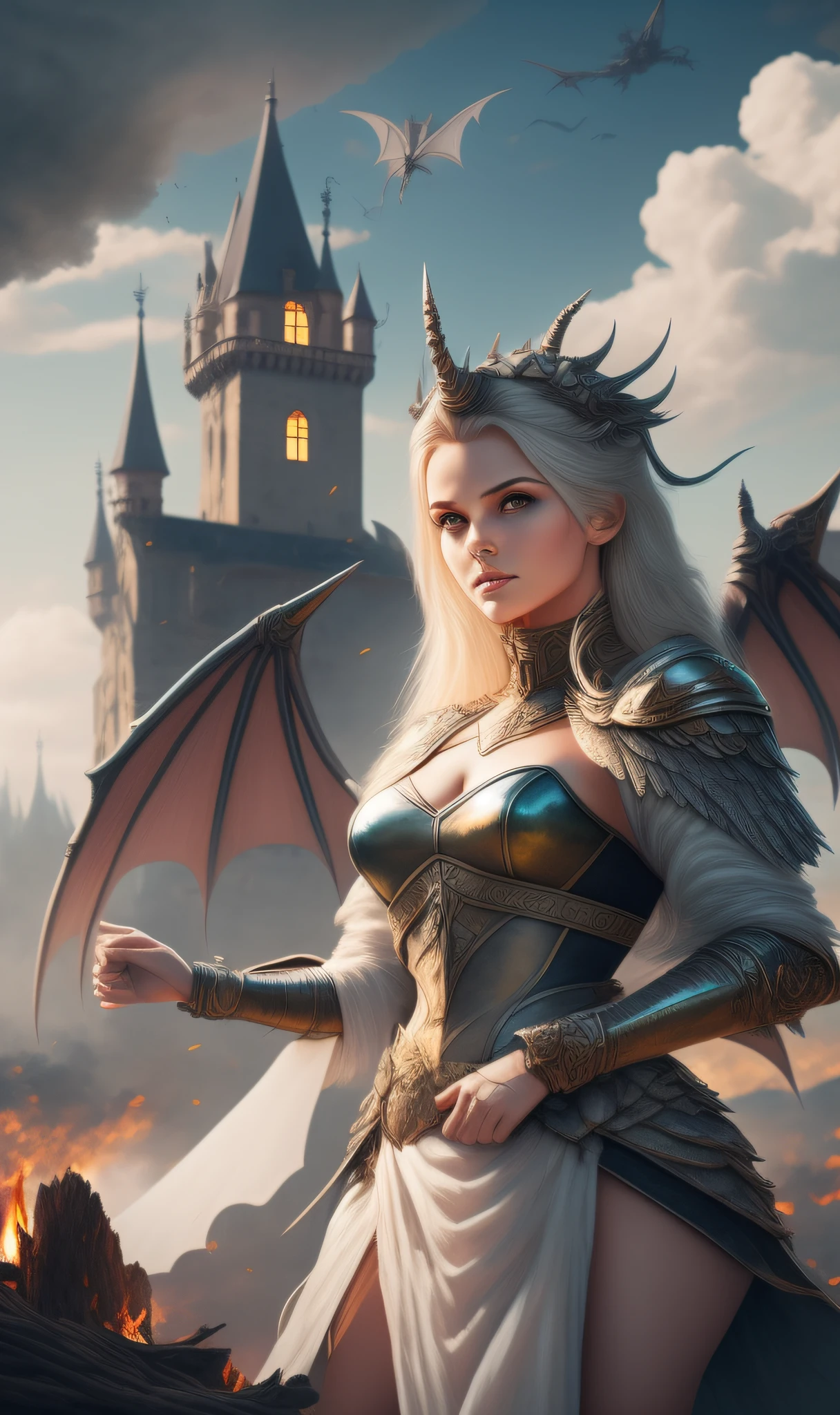 Winged dragon flying over a burning forest, with a medieval castle in the background. In the tower of the castle, beautiful young beautiful woman with transparent bland dress and castle soldiers with sharp spears.  Ultra-detailed and ultra realistic scenery.