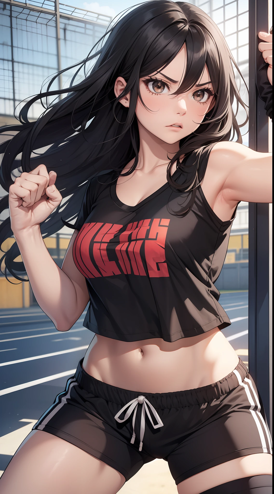 Young girl, long black hair, brown eyes, t-shirt, sports shorts, angry, fighting stance, masterpiece, high quality