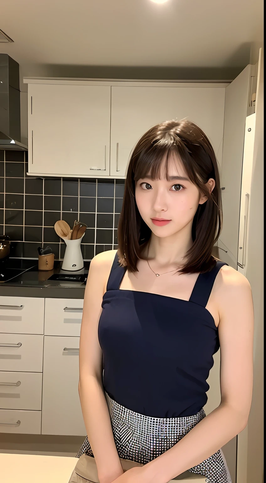((Top Quality, 8K, Masterpiece: 1.3)), 1 Girl, Slim Abs Beauty: 1.3, (Hairstyle Casual, Big: 1.2), Dress: 1.1, Super Slender Face, Delicate Eyes, Double Eyelids, Kitchen, Apron, Sexy