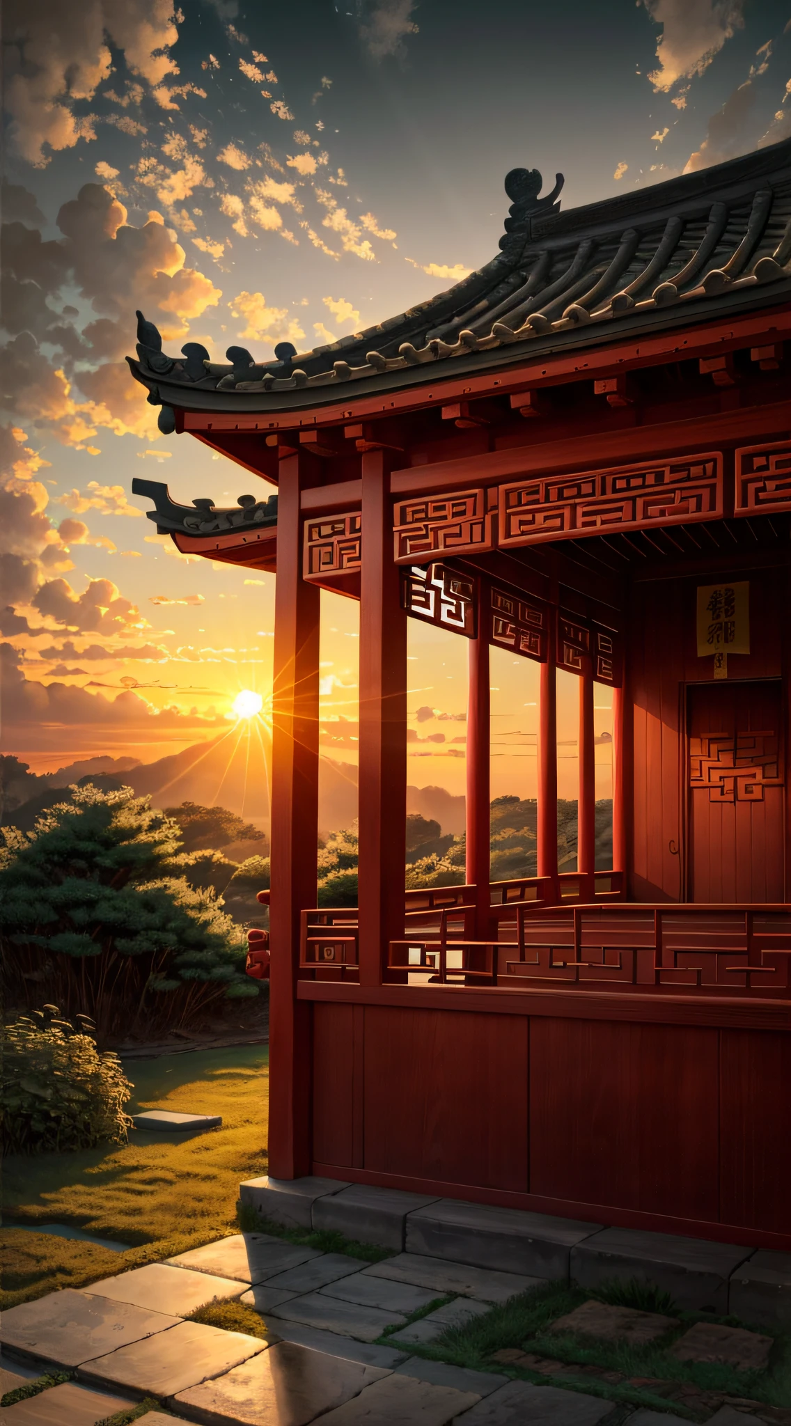 chinese temple,high resolution, imagination, (realistic), clear sky, composition, sunset, (HDR:1.5), outdoors, intricate detail,
