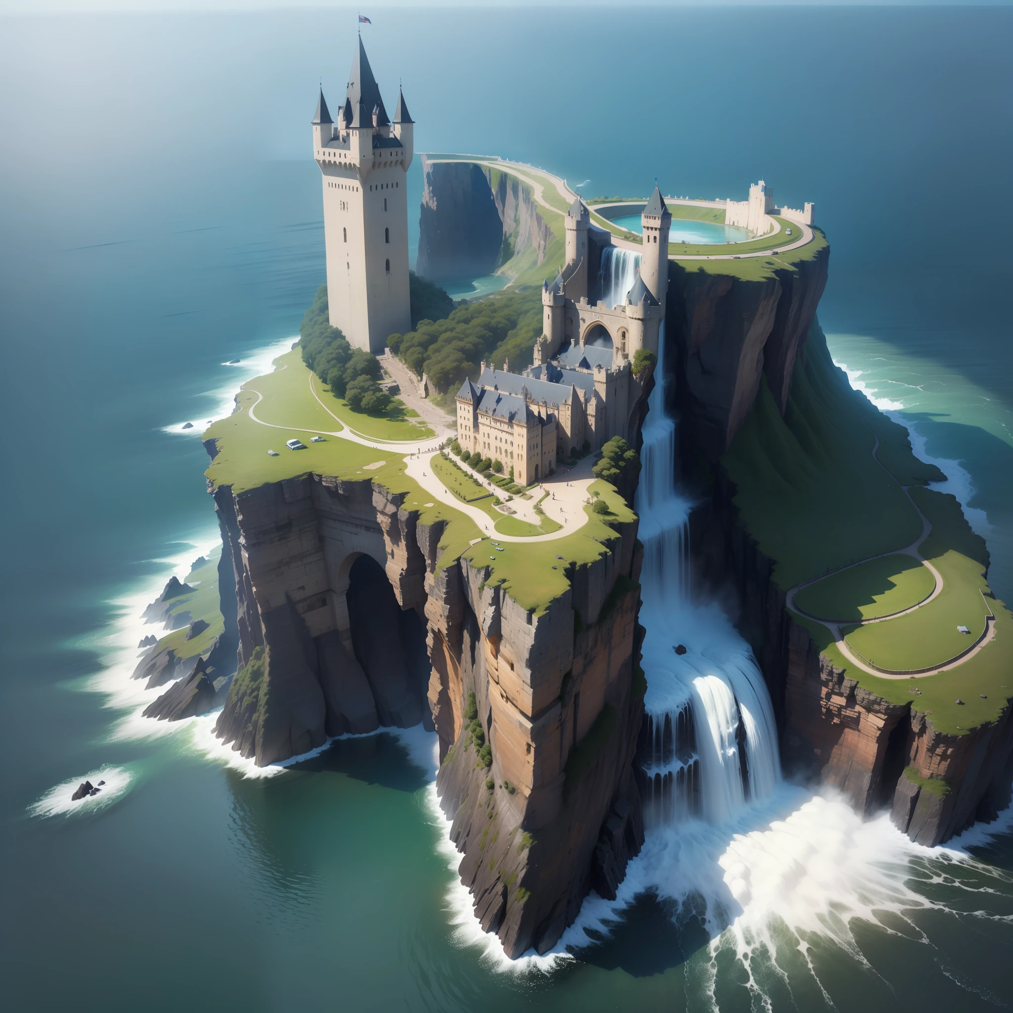 Huge island in the sea Huge castle Mother nature Huge waterfall Fancy Beautiful Heaven Top Quality Masterpiece Ultra High Resolution