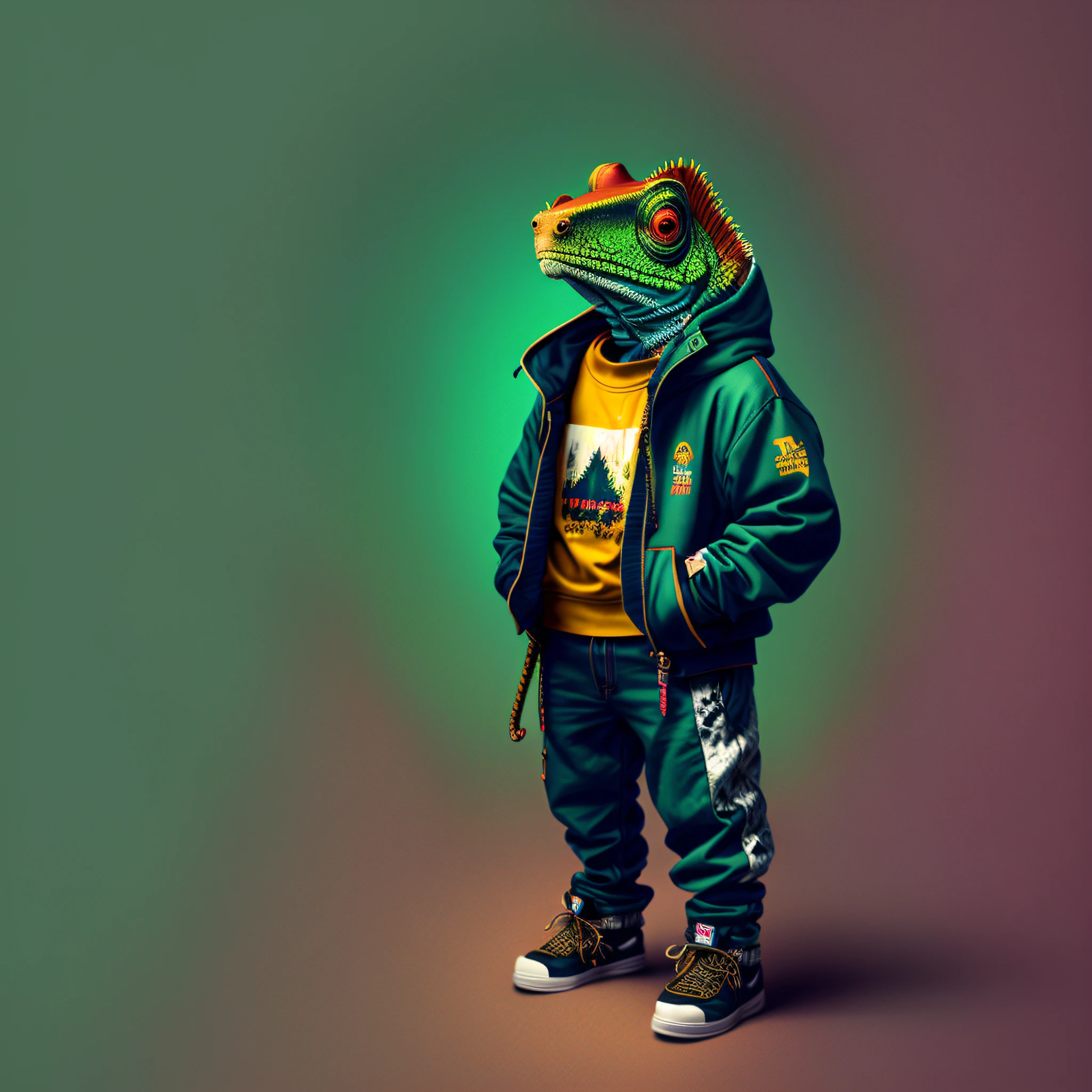 araffe in a green jacket and black pants standing with a skateboard, inspired by Chris LaBrooy, inspired by Mike Winkelmann, cyberpunk frog, inspired by Liam Wong, stylized digital art, high quality wallpaper, cute detailed digital art, high quality desktop wallpaper, wallpaper 4k, wallpaper 4 k, adorable digital painting, abduzeedo