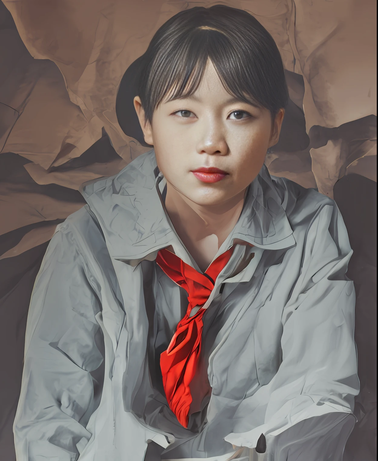 juvenile, red scarf, looking at camera, lots of details, detailed drawing, illustration, CG, milky skin, soft and supple skin, realism, middle between painting and realism, high quality, hd, 4k, blender rendering, octane rendering, reality, illustration, painting, CG, digital art, beautiful face, perfect face, fair skin, symmetrical face, proportional body,,