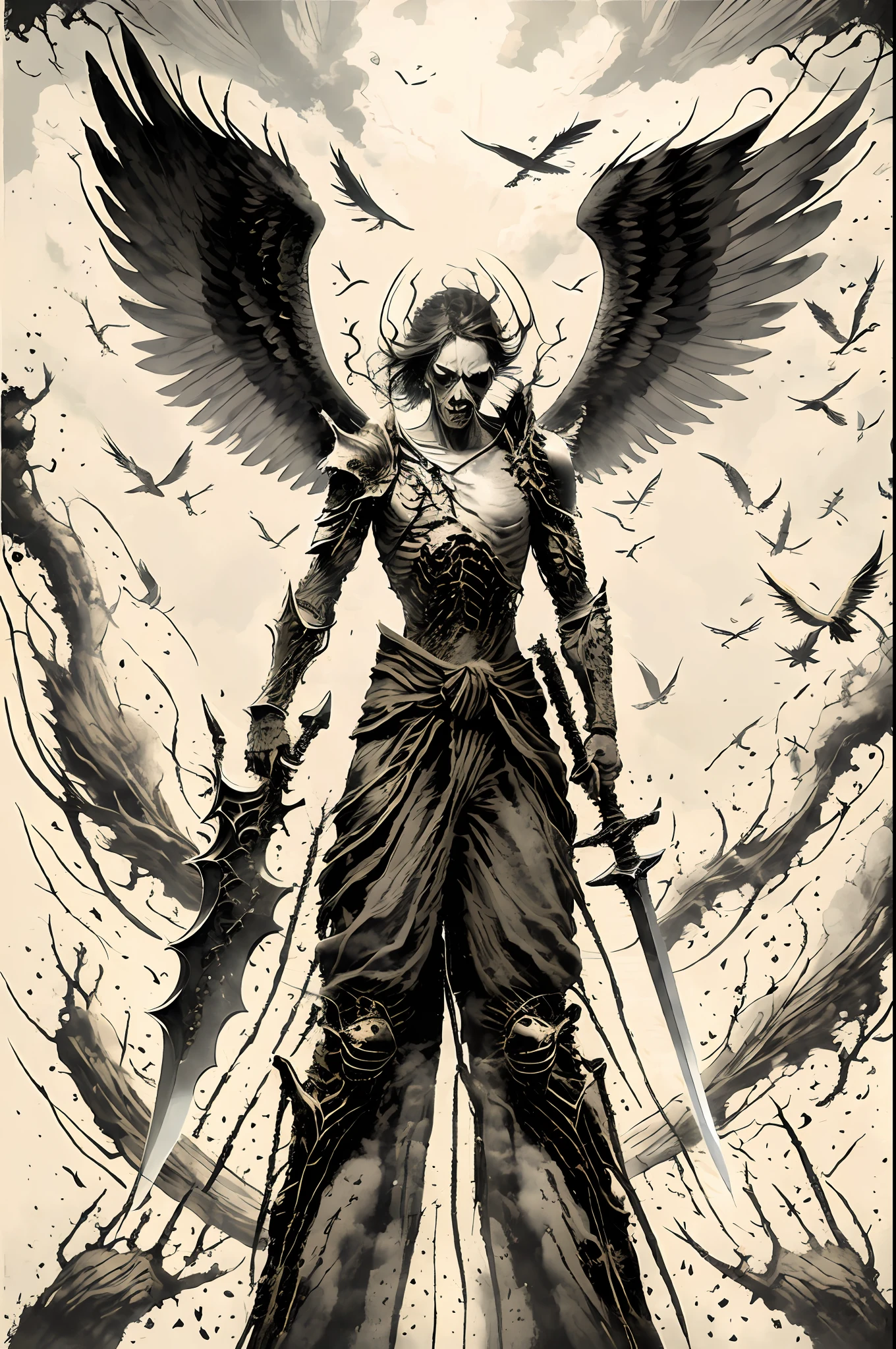 masterpiece, best quality, background horror,, 1girl, angel wings, wrathful, armor, greatsword, angel