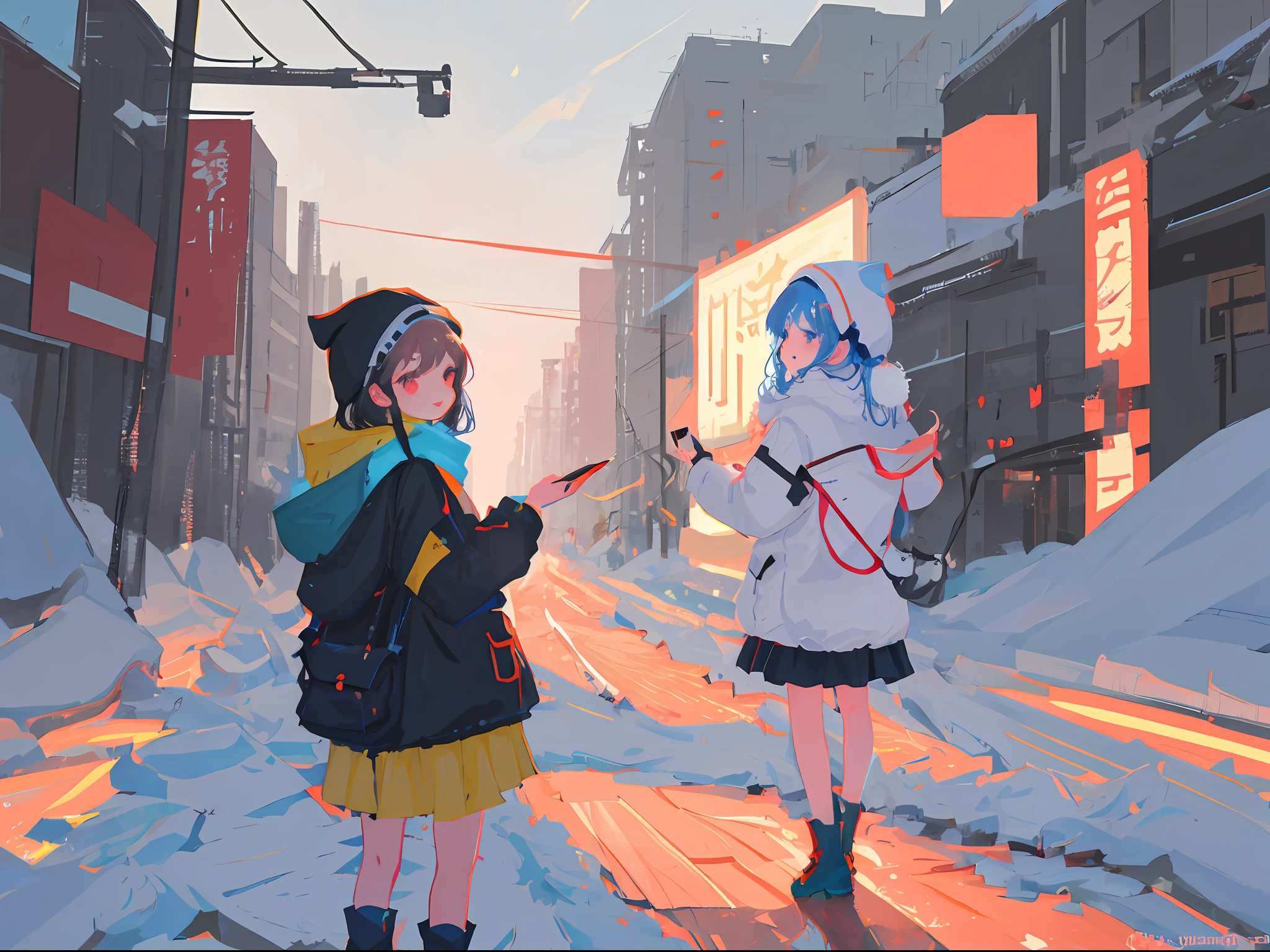 anime, two cute little girls dressed in winter clothes standing next to each other, wlop and sakimichan, by Yang J, cute art style, trending on artstation pixiv, jazza and rossdraws, trending on cgstation, cute detailed digital art, by Shitao, artwork in the style of guweiz, cute digital art