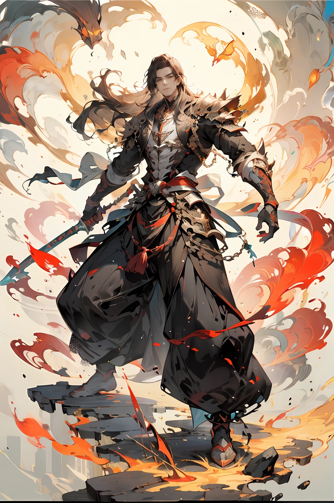 Long black hair, [no beard: 1.6], [empty hand, no weapon: 1.6]