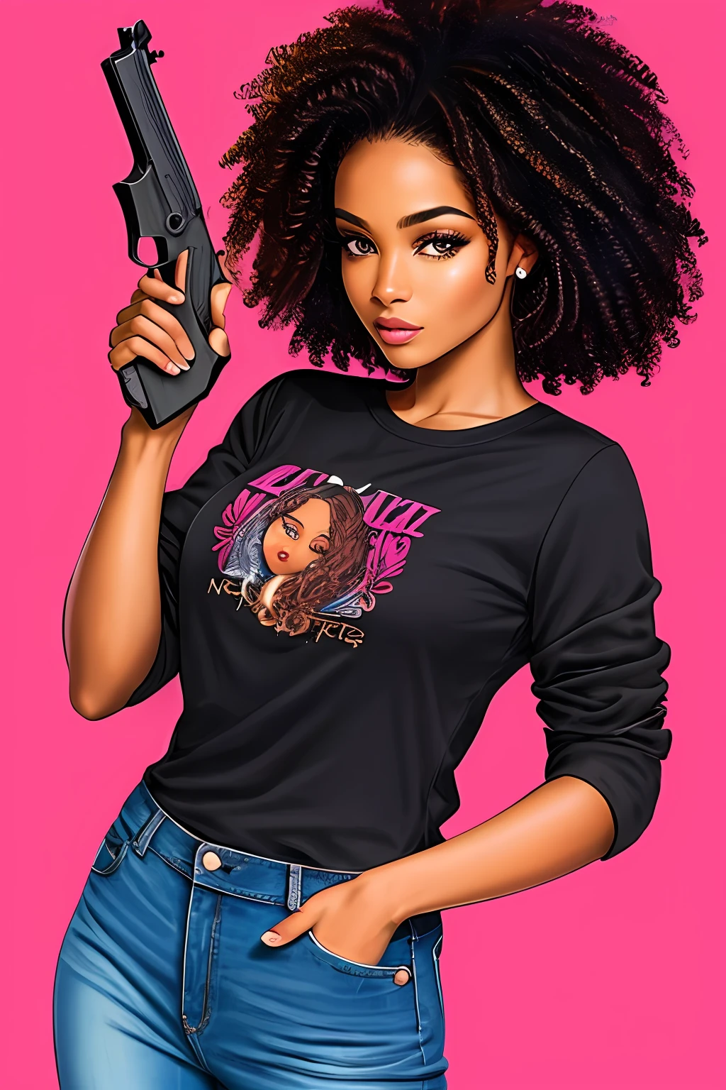 masterpiece, best quality, illustration, {beautiful black woman detailed}, beautiful detailed brightness, detailed lighting, (beautiful detailed eyes: 1.1), short hair, curly hair, (open jeans shirt with folded sleeves: 1.1), strong look, holding a revolver
INFO