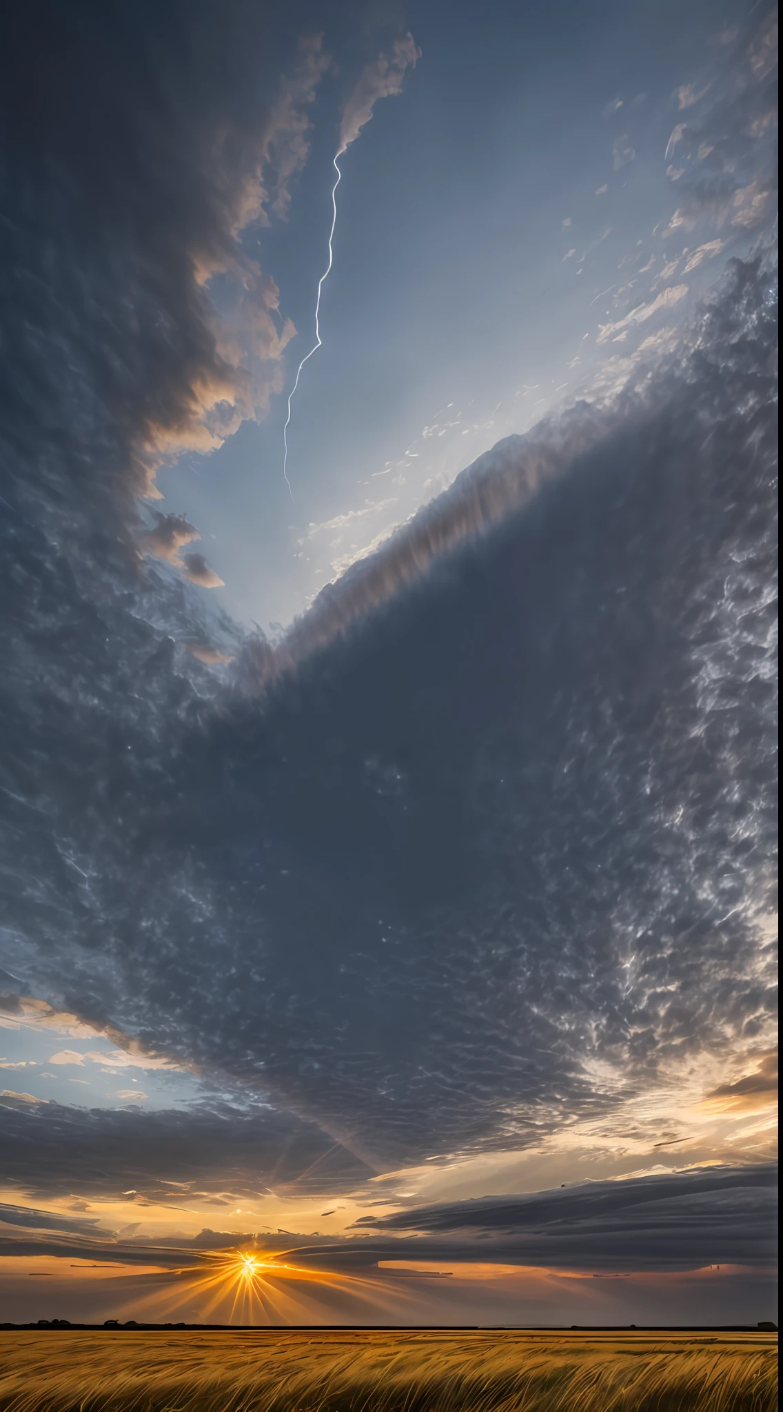 ((Masterpiece)), ((Best Quality)), ((Ultra Detailed)), (Amazing:1.1), Beautiful, Nature, Sky and Prairie, Gale, Wind Blowing, Line Cloud, The cloud looks like a horse, light shoots out of the cloud, There is a flower nearby, in the lush landscape, Award Winning Photo, Toshiba PDR M70 Boo