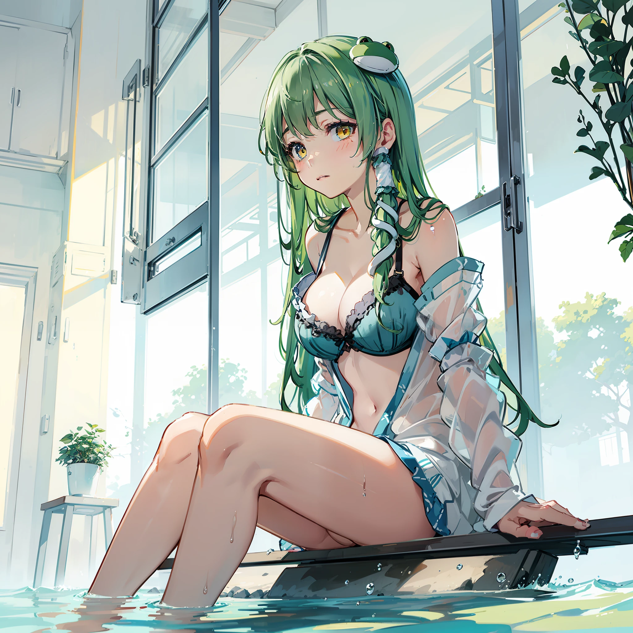 anime character with green hair sitting on a window sill 

 the girl is wearing a bra and a top that is transparent, 1girl, breasts, kochiya sanae, solo, long hair, towel, frog hair ornament, hair ornament, wet, green hair, sitting, looking at viewer, large breasts, cleavage, covered navel, blush, snake hair ornament, yellow eyes, collarbone, soaking feet, thighs