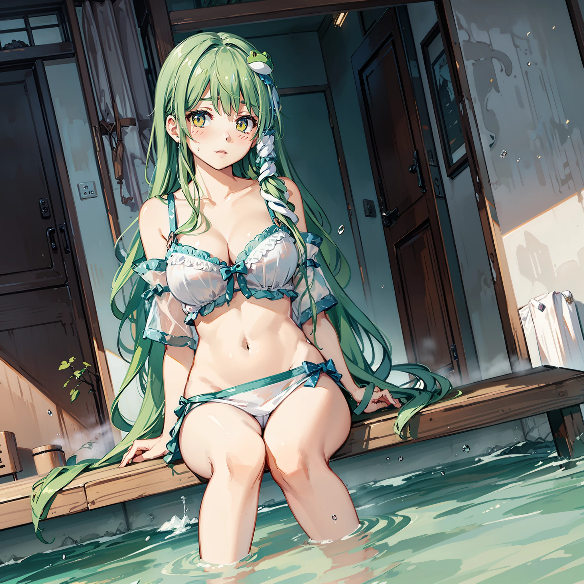 anime character with green hair sitting on a window sill 

 the girl is wearing a bra and a top that is transparent, 1girl, breasts, kochiya sanae, solo, long hair, towel, frog hair ornament, hair ornament, wet, green hair, sitting, looking at viewer, large breasts, cleavage, covered navel, blush, snake hair ornament, yellow eyes, collarbone, soaking feet, thighs