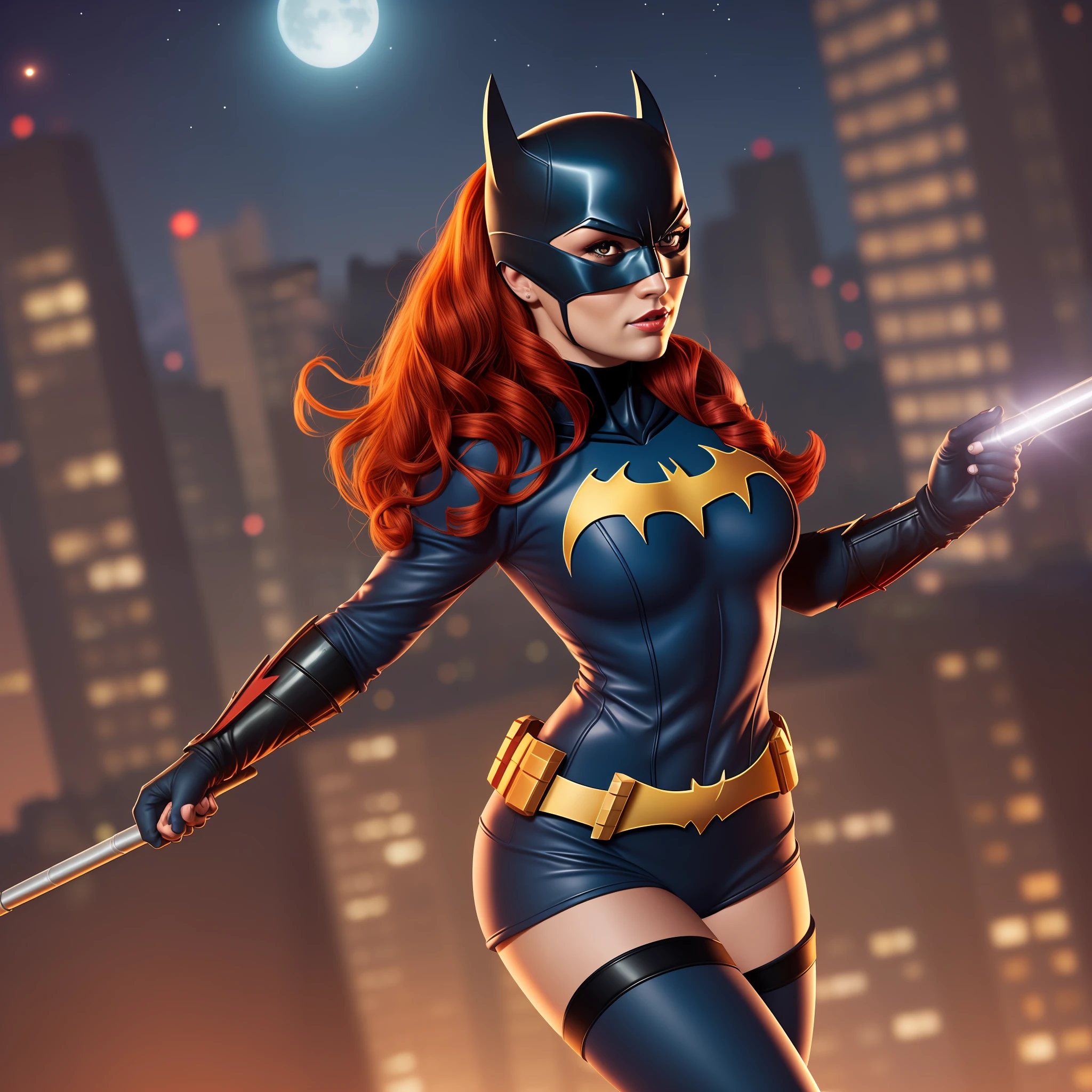 Red-haired batgirl on top of a building with the baton in the night sky