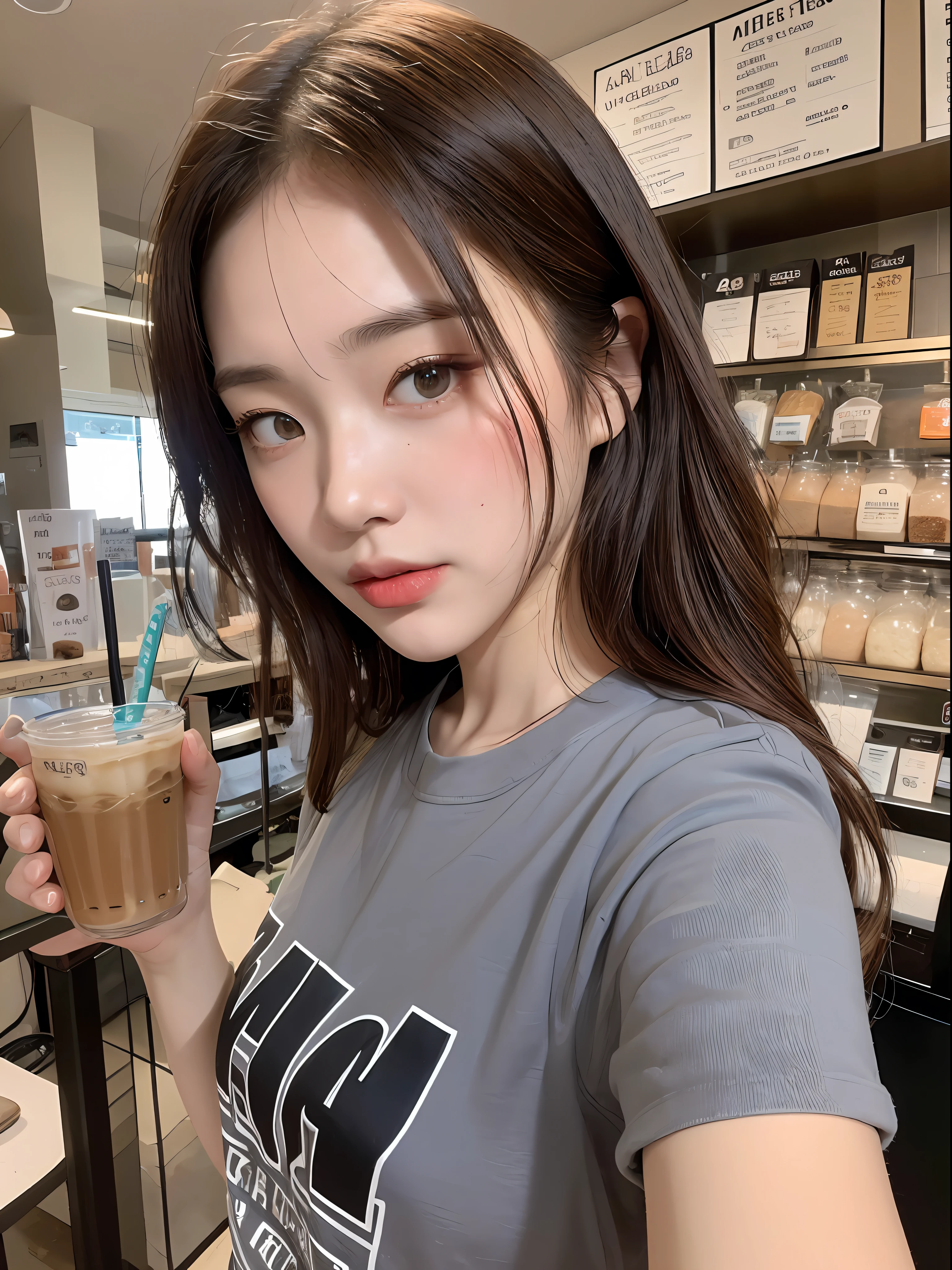 ((, Acura, 8k, Masterpiece: 1.3)), 1 female, upper body, confident, (selfie photo: 1.5), bedroom, focal length: 1.2, slender abs: 1.1, (dark brown hair)), (loose T-shirt: 1.2), (milk tea shop: 1.3)), highly detailed face and skin texture,