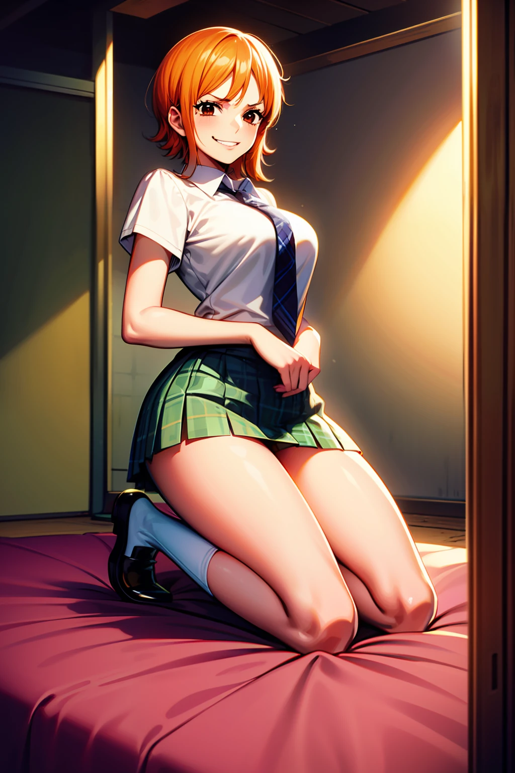 Masterpiece, top quality, high resolution, masterpiece, (One Piece, Nami), adult woman, one, school uniform, yellow plaid tie, white shirt, pleated mini skirt, yellow plaid miniskirt, short hair, evil smile, orange hair, evil smile, evil plan, brown eyes, jail, prison, bed, kneeling