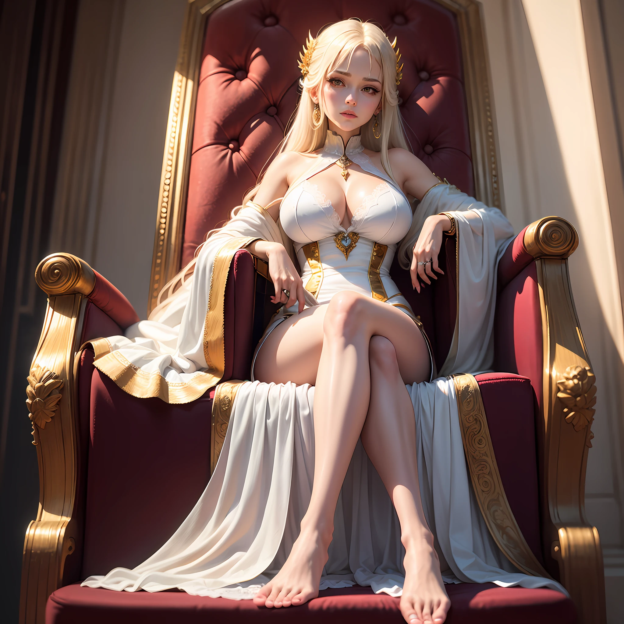 from below, a super beautiful woman with mysterious sharp slit eyes, who sits in a luxurious chair and casts a condescending cold gaze, barefoot toes and soles, White glossy side updo braided long hair, huge breasts, great proportion, full body, wearing a cloth with gold embroidery of see-through lace, background royal palace, anime, illustration, portrait, animification, high resolution, highest quality, super high quality, super detail, ultra realistic, photorealistic --auto