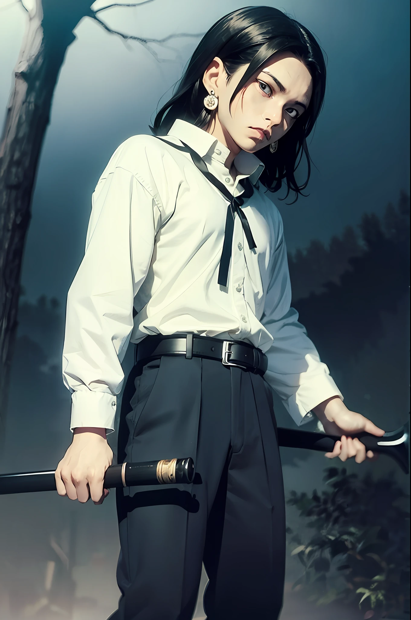 Kimetsu no yaiba style, forest back ground, moonlight, moonlight on character, moonlit character, flower foreground, demon slayer uniform, 1boy, male focus, scar on face, weapon, scar, earrings, teeth, jewelry, pants, scar on forehead, long black hair, belt, black pants, japanese clothes, haori, black haori, solo, black sharp eyes, long sleeves, anime coloring, (((masterpiece)), melancholy face,