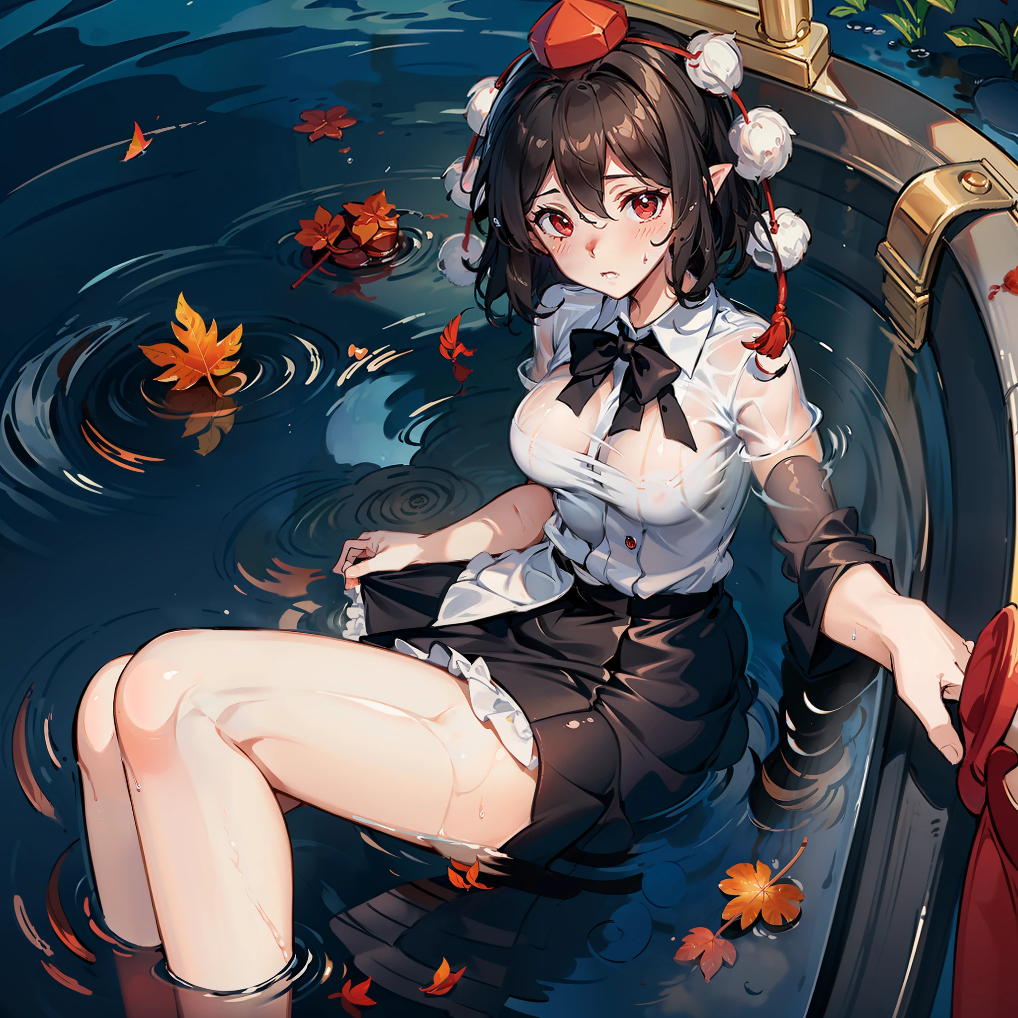 a female anime character laying in a big tub with bubbles coming out of the faucett, 1girl, shameimaru aya, red eyes, breasts, hat, tokin hat, solo, partially submerged,, black hair, blush, short hair, bathing, pom pom (clothes), red headwear, wet, water, steam, from side