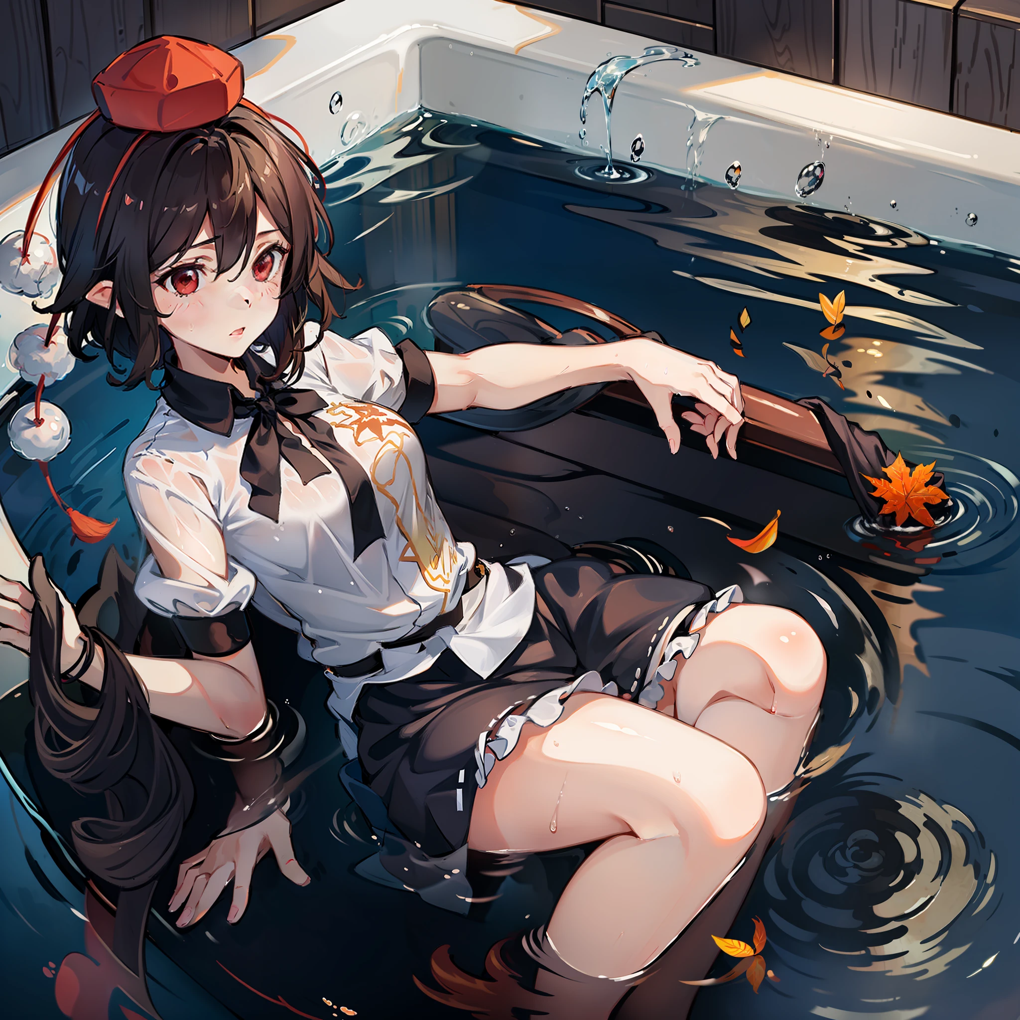 a female anime character laying in a big tub with bubbles coming out of the faucett, 1girl, shameimaru aya, red eyes, breasts, hat, tokin hat, solo, partially submerged,, black hair, blush, short hair, bathing, pom pom (clothes), red headwear, wet, water, steam, from side