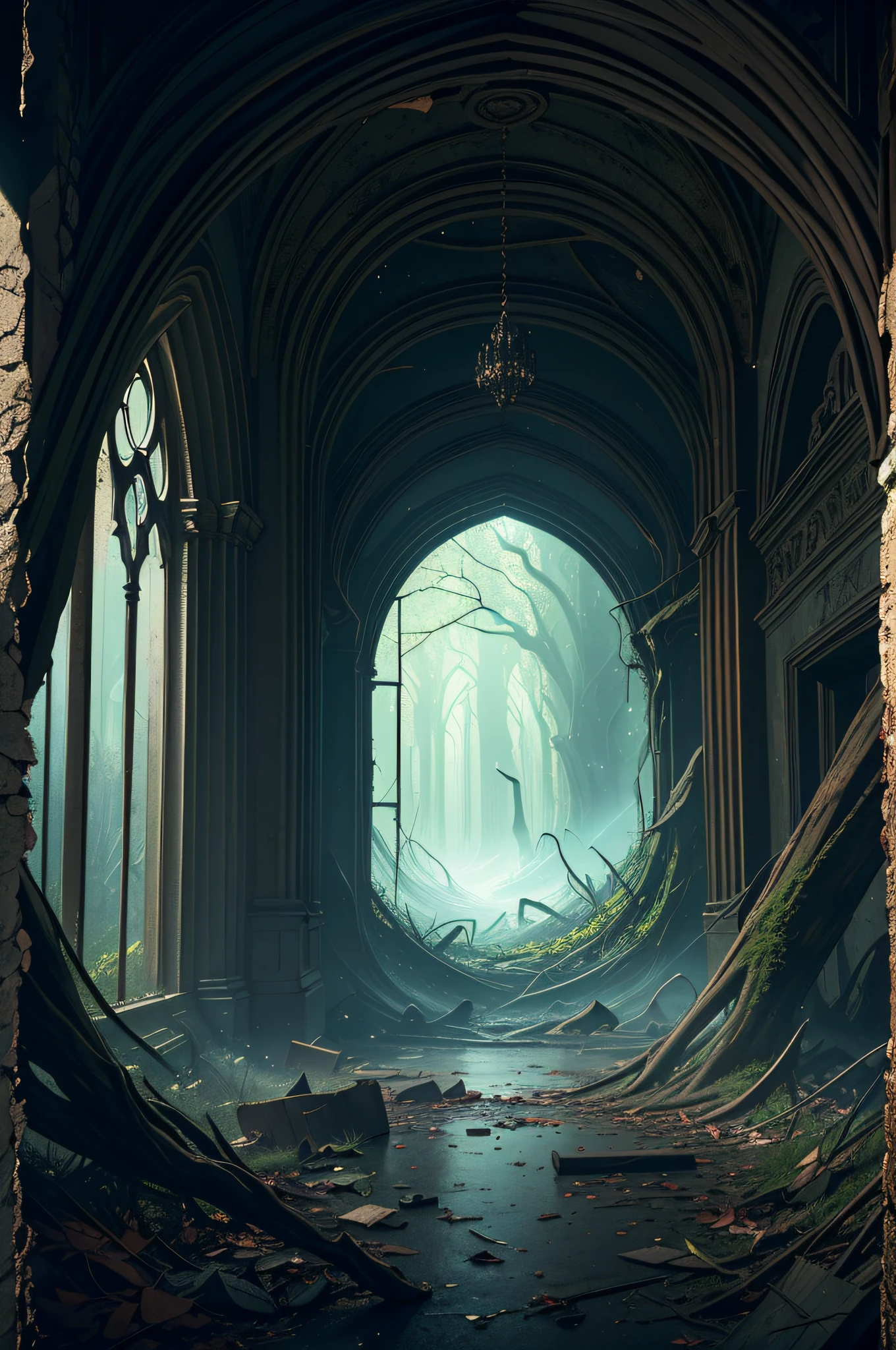 ((photo)), ((best quality)), ((masterpiece)), ((detailed)), ((cinematic), ((captured from eye level)), a dark gothic and creepy professional photo backdrop with lots of ornate stonework and a large room filled with debris and dead and rotten foliage, a magical glowing, particle swirling, portal open to an alternate dimension showing a bright and beautiful world beyond the opening is prominent.