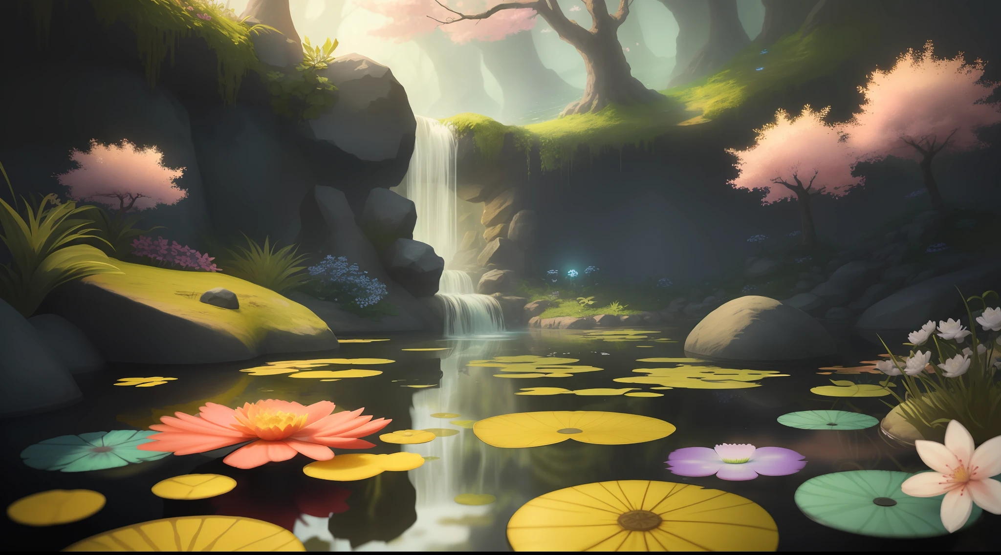 Looking at a miniature lake in front of you, you cannot help but be enchanted. The pond, no bigger than a child's toy, stands alone, with a small miniature waterfall iridescent with luminescent sakura blossoms. Closer inspection reveals intricate details, such as tiny flowers blooming in the front yard. As you marvel at the sight before you, your mind begins to imagine the adventures that can befall this enchanted water. High resolution, 8K ultra