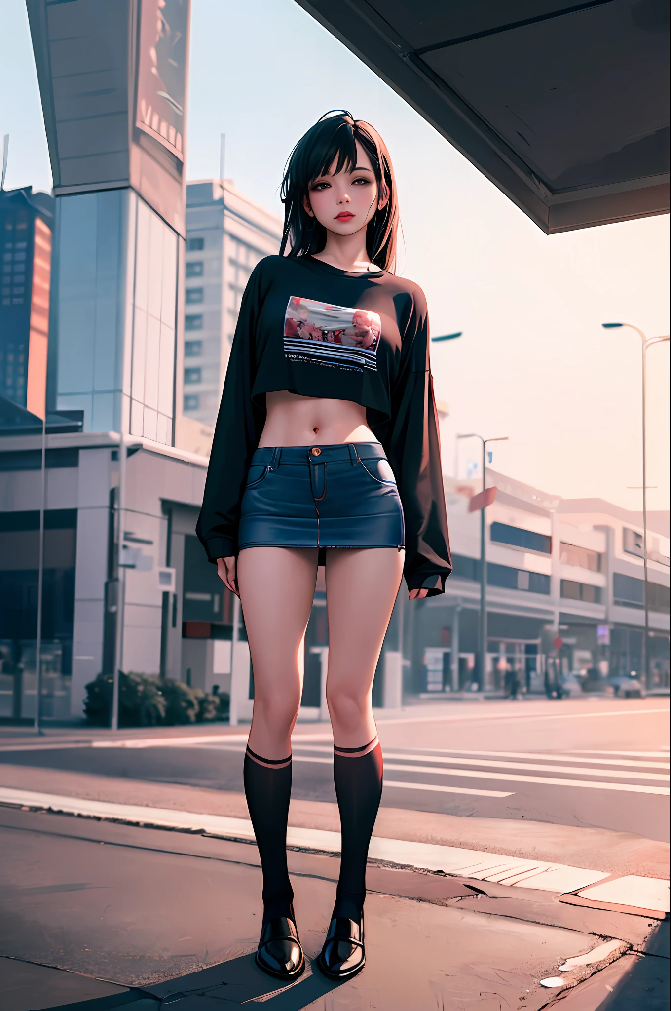 ((masterpiece, best_quality)), 1 girl, (photorealistic:1.4), natural make up, white_background, black_hair, long_hair,  waist, navel, zettai_ryouiki, over size long sleeve XL T-shirt, mini skirt, ((full_body)), delicated nice body