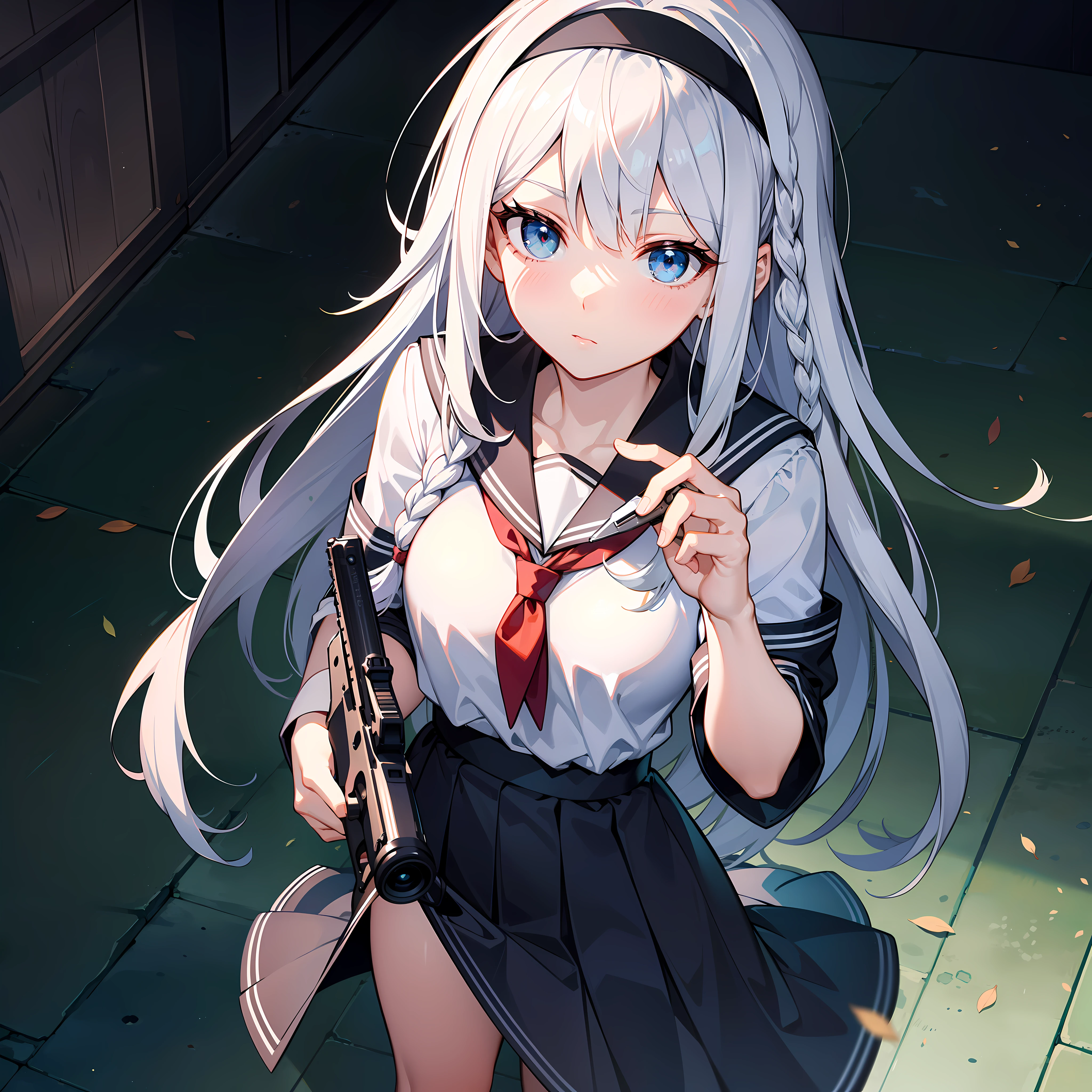 Masterpiece, Best Quality, Masterpiece, Best Quality, Official Art, Extremely Detailed CG Unity 8k Wallpaper, traditional_media, Girl, Single Braid, Black Headband, Long Hair, White Hair, Blue Eyes, Medium Tits, Black Serafuku, Expressionless, School, Short Braid, From Above, Standing, Hold a Gun, Point a Gun at the Camera, Point the gun upwards
