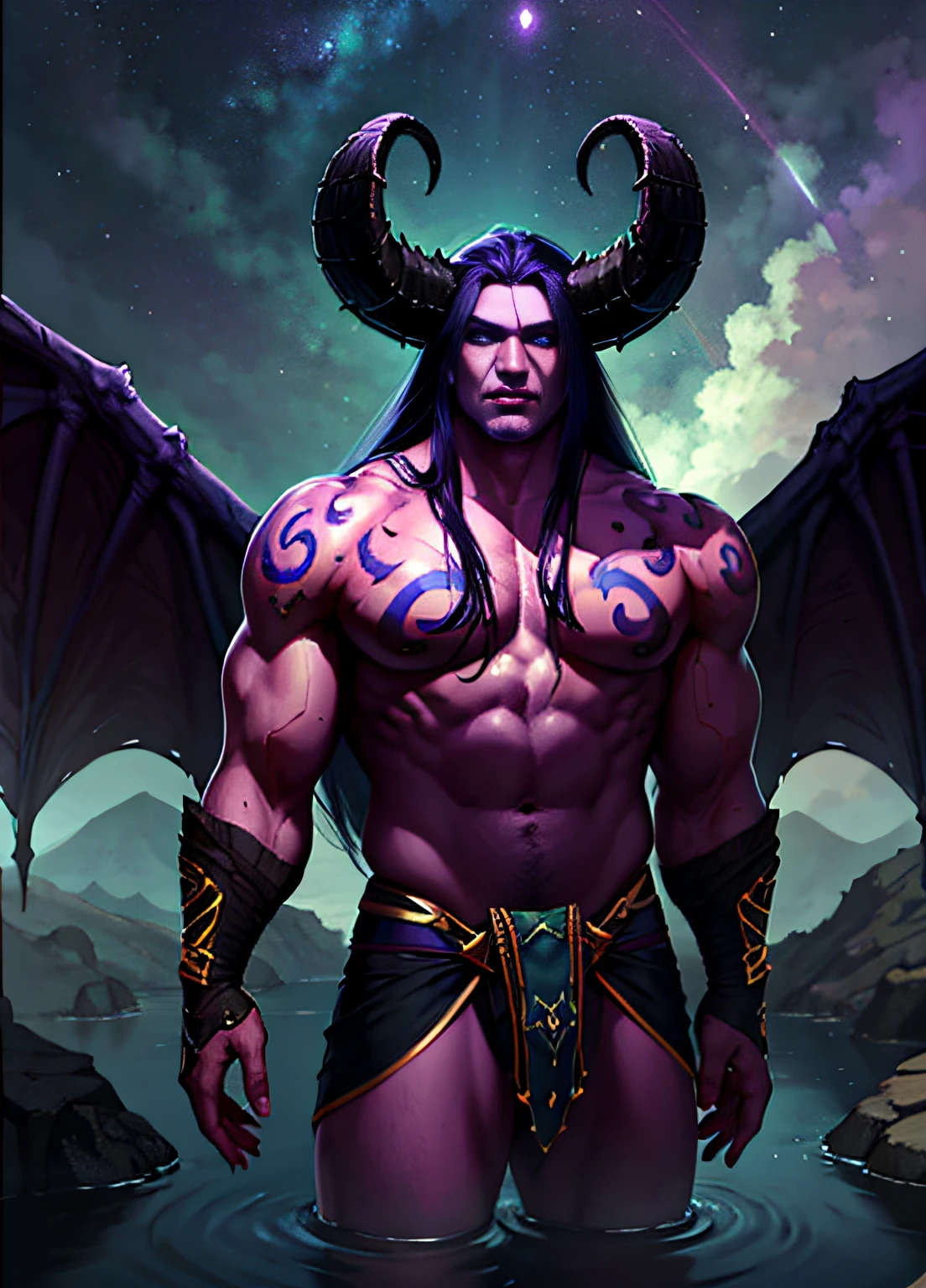 1boy, muscular burly burly incubator demon, wings, big horns, bright blue eyes, big bump thong, space, water, reflection, volumetric lighting, best quality, masterpiece, realistic, dark purple gradient very long hair, character chart, anatomically correct, 4K