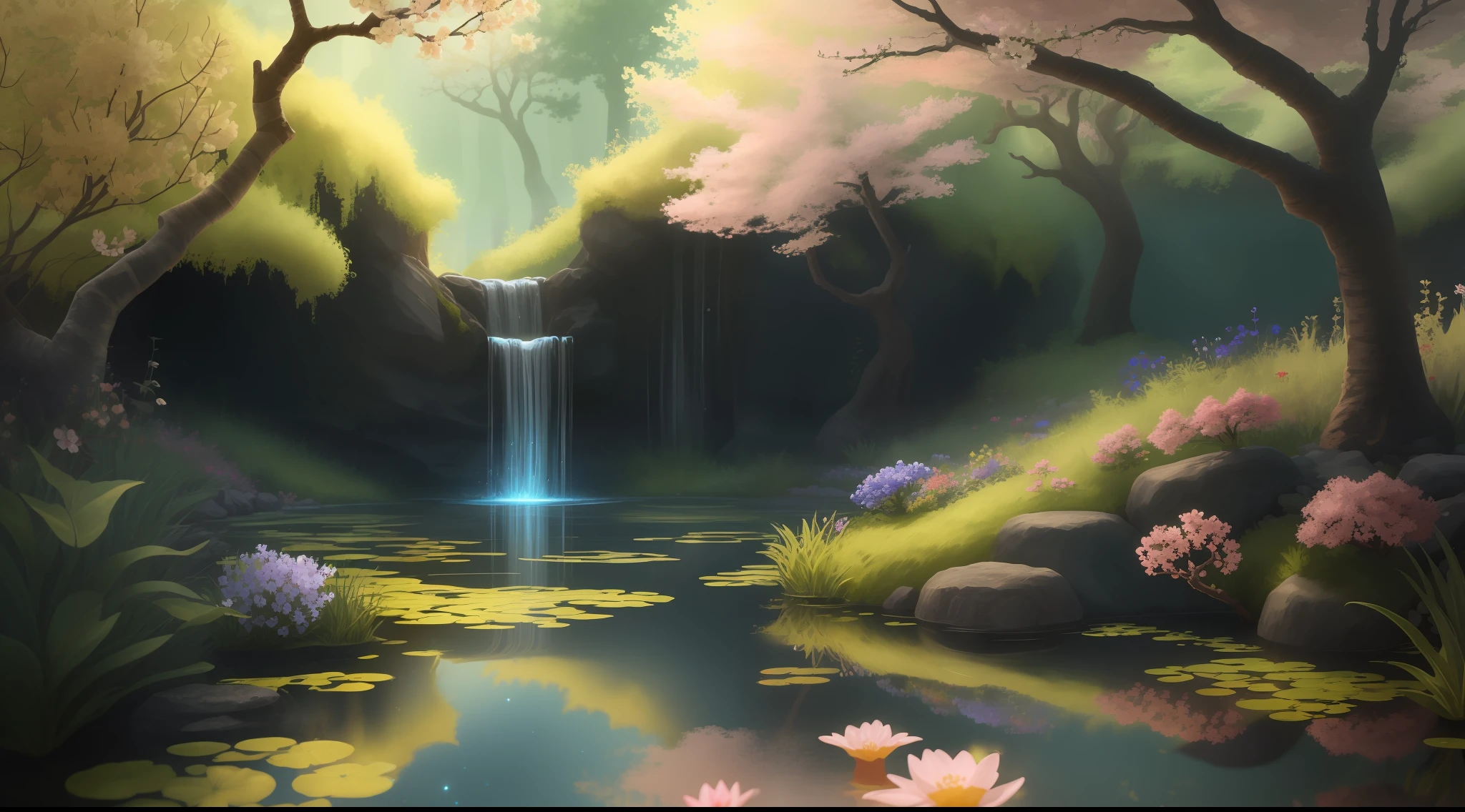 Looking at a miniature lake in front of you, you cannot help but be enchanted. The pond, no bigger than a 's toy, stands alone, with a small miniature waterfall iridescent with luminescent sakura blossoms. Closer inspection reveals intricate details, such as tiny flowers blooming in the front yard. As you marvel at the sight before you, your mind begins to imagine the adventures that can befall this enchanted water. High resolution, 8K ultra