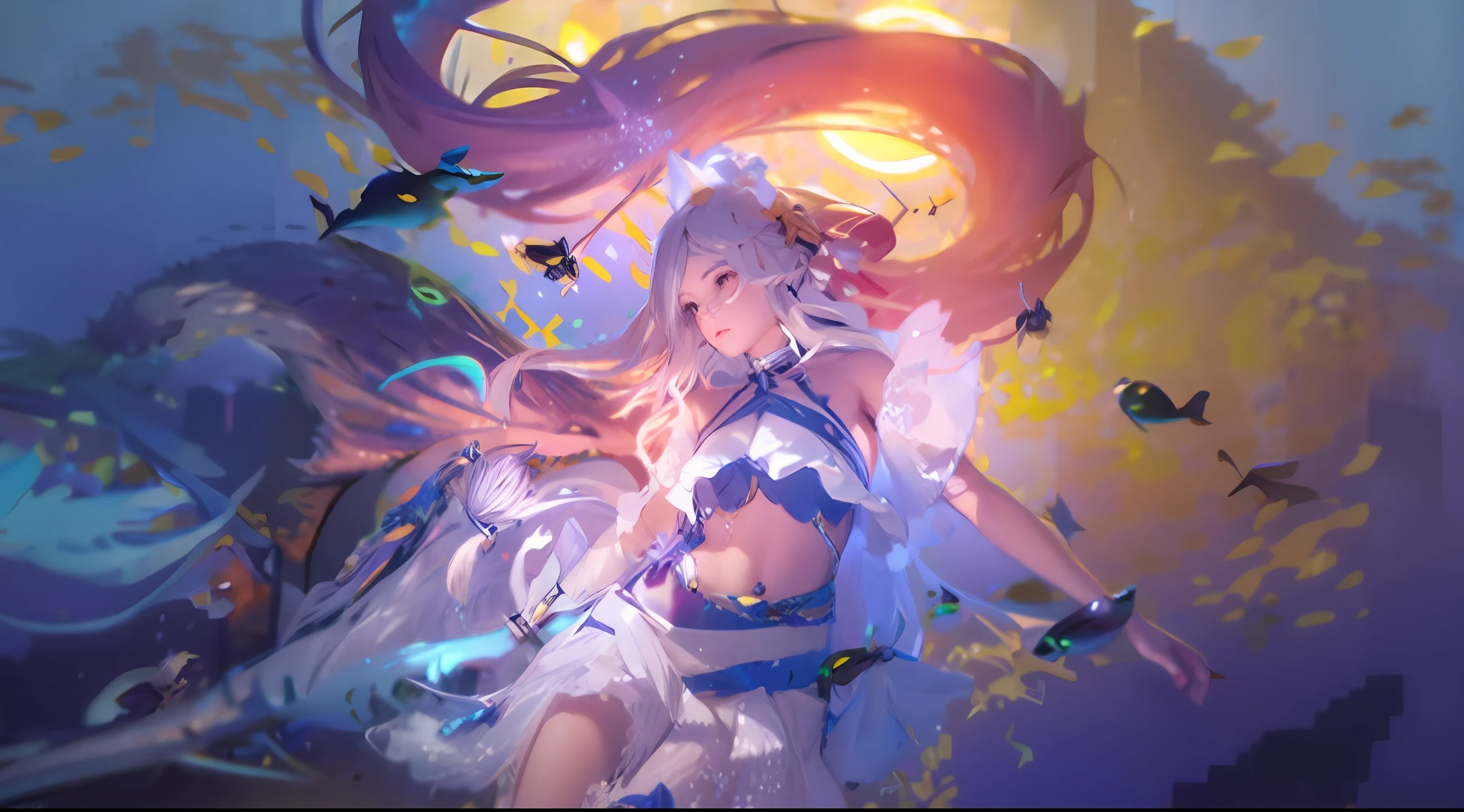 best quality, masterpiece,white hair, gold eyes,white clothes, looking up, upper body,hair strand,Fair skin,side braids