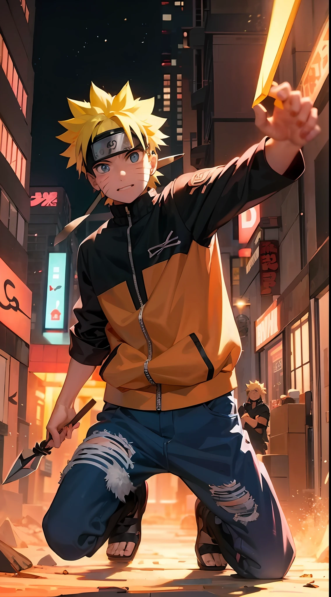 Naruro holding a kunai in a city street, badass anime 8 k, anime style 4 k, naruto artstyle, 4 k manga wallpaper, 4k anime wallpaper, anime wallpaper 4 k, anime wallpaper 4k, anime art wallpaper 8 k, anime art wallpaper 4 k, anime art wallpaper 4k, anime style. 8k, naruto uzumaki