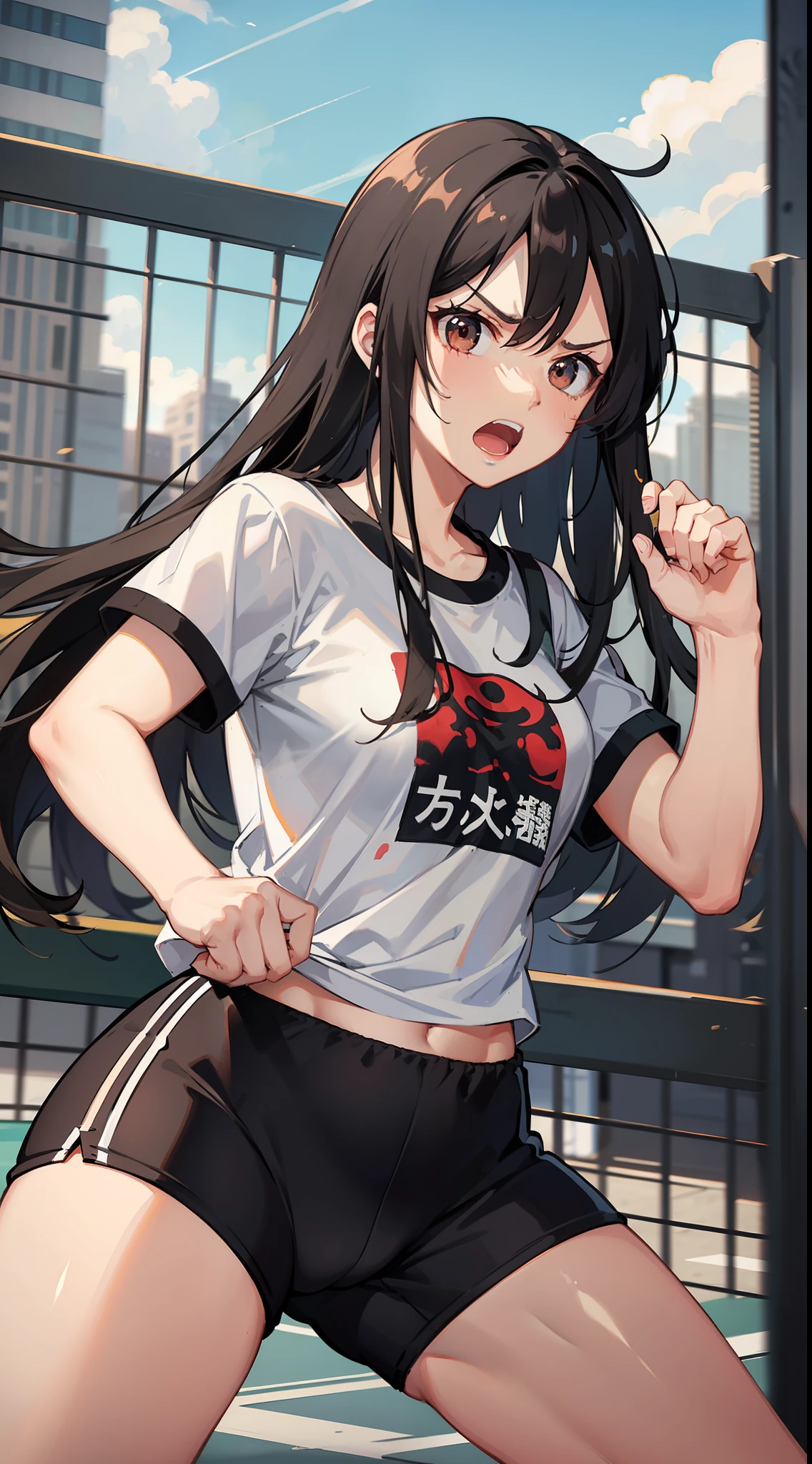 Young girl, long black hair, brown eyes, t-shirt, sports shorts, angry, fighting stance, masterpiece, high quality
