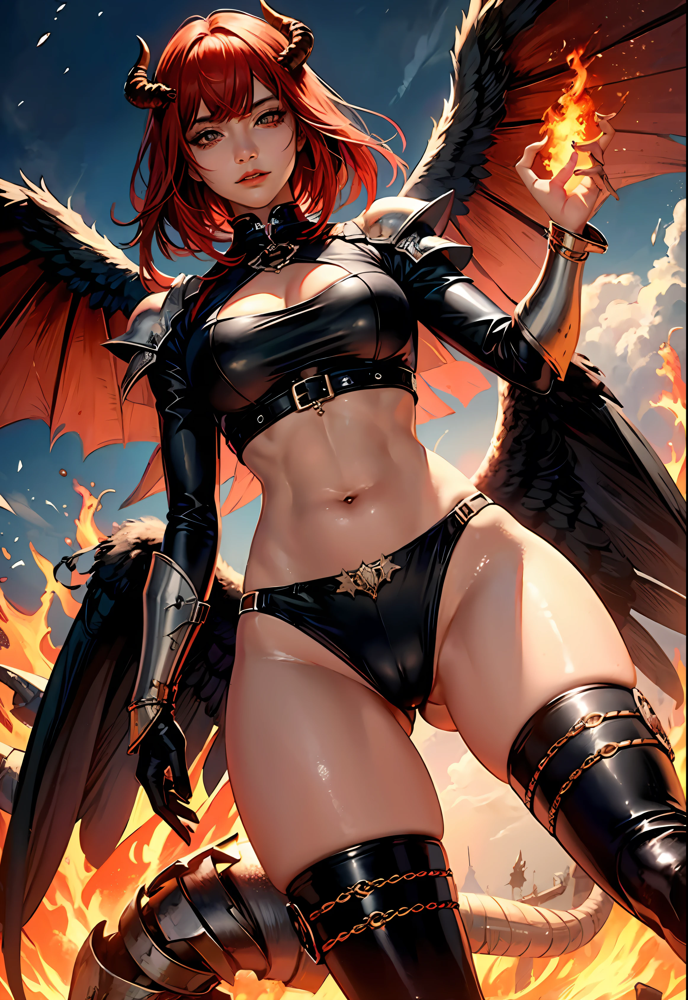 High definition, high intensity, super focus, 8k, high detail, female, fiery red hair, demonic horns, black wings, black medieval armor, medium boobs, bare midriff, toned midriff, wide hips, cameltoe, metal boots black, flames around, night, fantasy landscape, (photography) (high definition) (high detail)