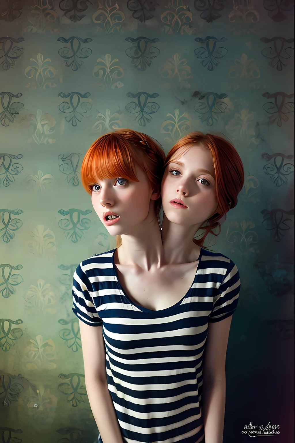 2heads, two headed girl, (one torso:1.5), pale skin, Scottish redhead, ager, white girls, different ages, (two heads on one body:1.4), (first head uncomfortable:1.5), (second head unhappy:1.5) conjoined twins, heads side by side, one torso, young, uncomfortable, barefoot