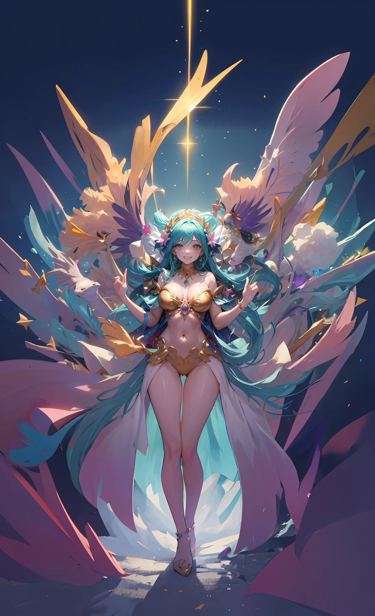 Fine brush, rough, detailed watercolor, soft and fantastic, pastel, fluffy, Caesanne,panoramic view:1.5,A woman dressed in numerous jewels, many shining gems scattered from her hair to her body. many shining gems scattered from her hair to her body. many shining gems scattered from her hair to her body.Beautiful gold accessories are also shown.Aquamarine, ruby, lapis lazuli, diamond, amethyst, amazonite, sculpture,Happy smiling face surrounded by jewels,whole (body),prone state