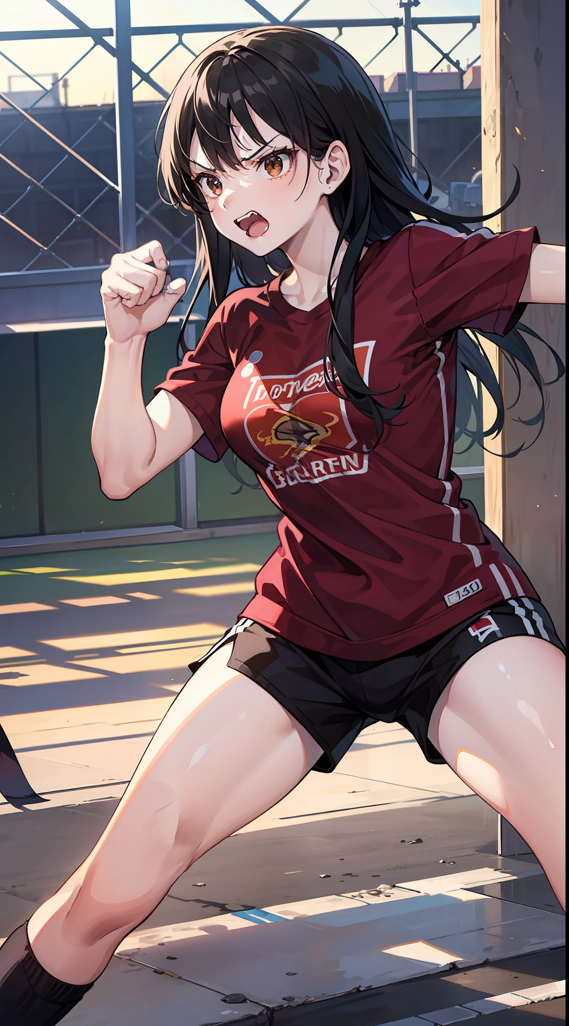 Young girl, long black hair, brown eyes, t-shirt, sports shorts, angry, fighting stance, masterpiece, high quality