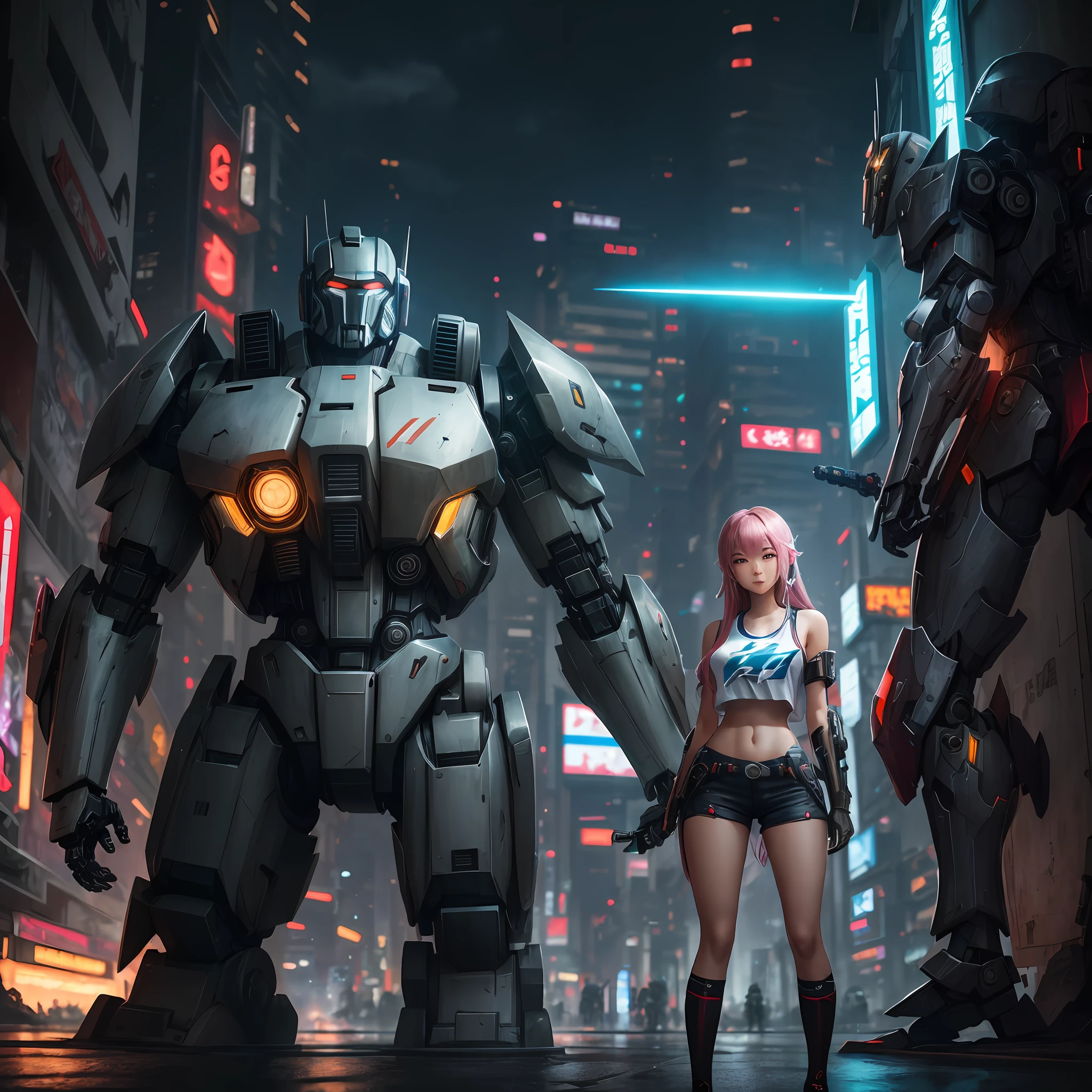Girl in mecha suit standing next to giant dark Optimus droid in guweiz style, cyberpunk anime girl mecha, trend on cgstation, guweiz, Russell Dongjun Lu, digital cyberpunk anime art, ross tran 8 k, guweiz on artstation pixiv, girl in mecha network armor, accompanied by lightning, sky mythological effect, cinematic grade, Beautiful asian girl with exposed shoulders, white sleeveless t-shirt --auto