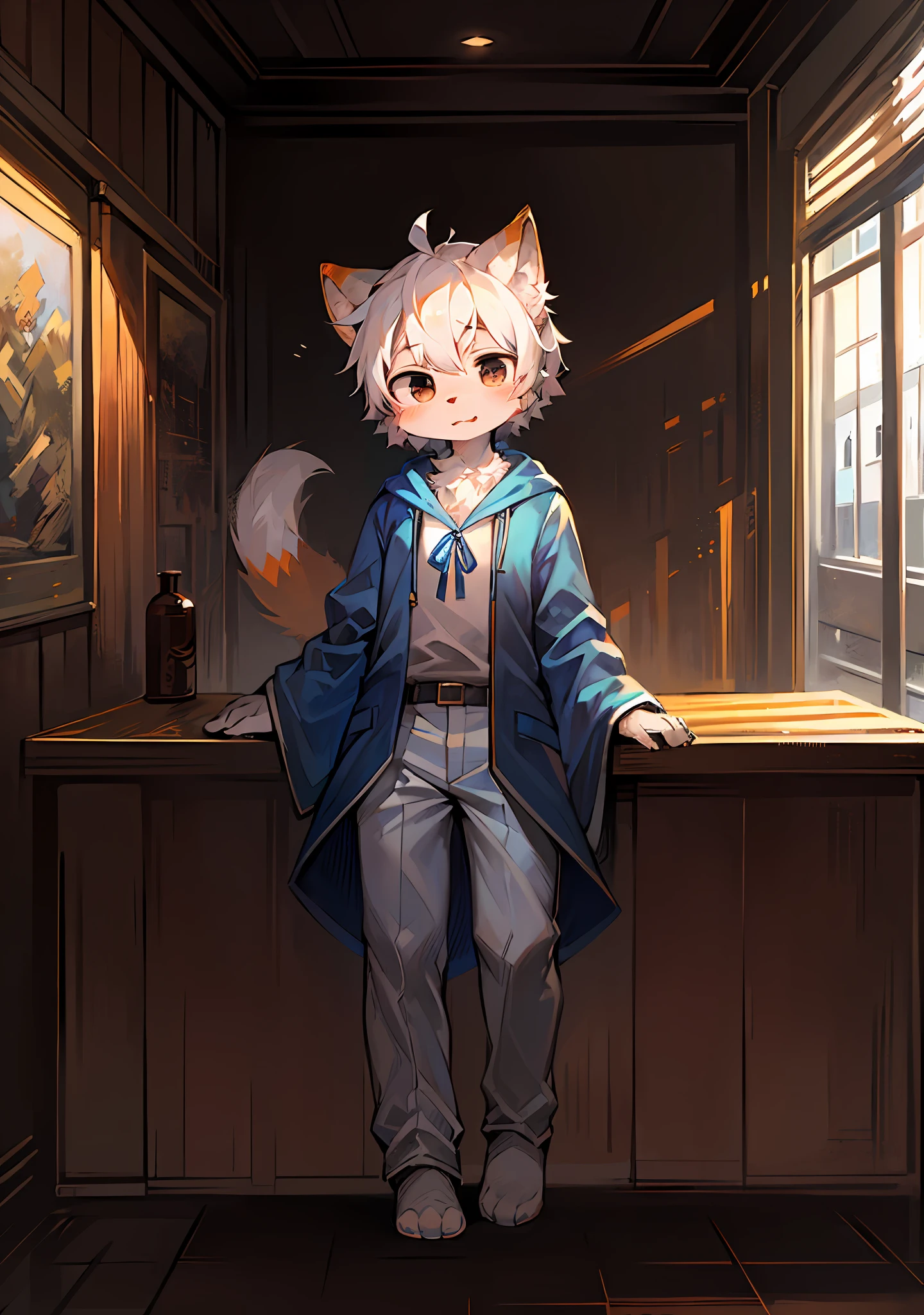 (Bright Environment: 0.8), Masterpiece, High Quality, Abstract Res, Digital Painting\(Artwork\), by Dagasi, Yupa, Kiyosan, (Anthro, Fluffy Fur, Character Focus: 1.1), Anthro Male Cat, Short Hair, Portrait , bright eyes, panorama, character focus. (Detailed background: 0.7), Furry, Furry male, Anthr, (full body fur, big fluffy tail, white fur, white hair, black eyes: 1.2), (long canine, , blue and white robe, white trousers, white top: 1.2), (prairie: 1.1)
