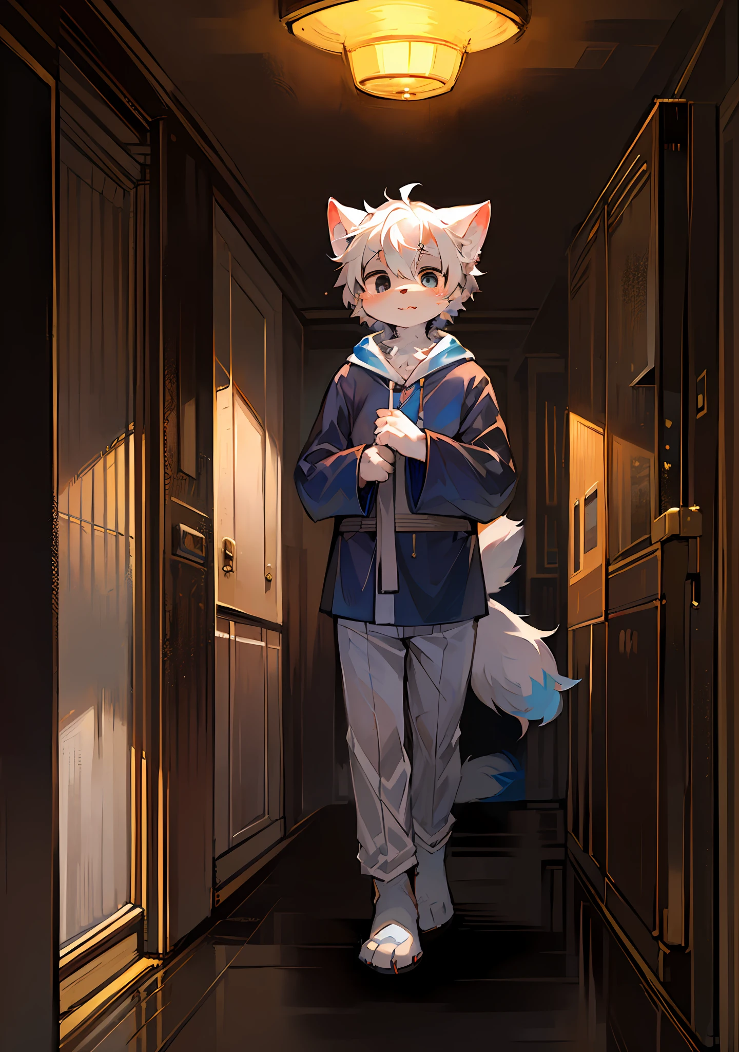 (Bright Environment: 0.8), Masterpiece, High Quality, Abstract Res, Digital Painting\(Artwork\), by Dagasi, Yupa, Kiyosan, (Anthro, Fluffy Fur, Character Focus: 1.1), Anthro Male Cat, Short Hair, Portrait , bright eyes, panorama, character focus. (Detailed background: 0.7), Furry, Furry male, Anthr, (full body fur, big fluffy tail, white fur, white hair, black eyes: 1.2), (long canine, junior high school student, blue and white robe, white trousers, white top: 1.2), (prairie: 1.1)