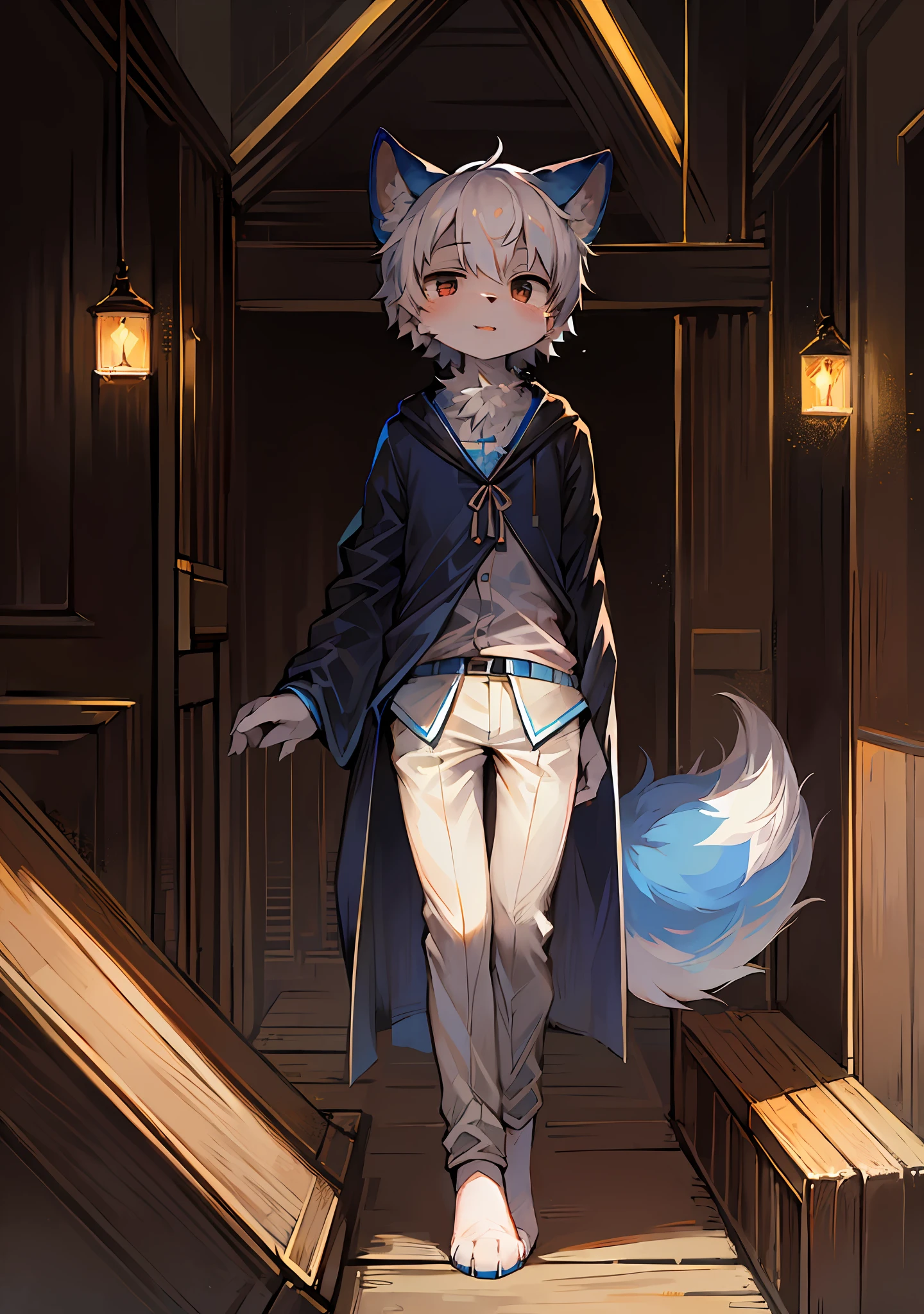 (Bright Environment: 0.8), Masterpiece, High Quality, Abstract Res, Digital Painting\(Artwork\), by Dagasi, Yupa, Kiyosan, (Anthro, Fluffy Fur, Character Focus: 1.1), Anthro Male Cat, Short Hair, Portrait , bright eyes, panorama, character focus. (Detailed background: 0.7), Furry, Furry male, Anthr, (full body fur, big fluffy tail, white fur, white hair, black eyes: 1.2), (long canine, , blue and white robe, white trousers, white top: 1.2), (prairie: 1.1)