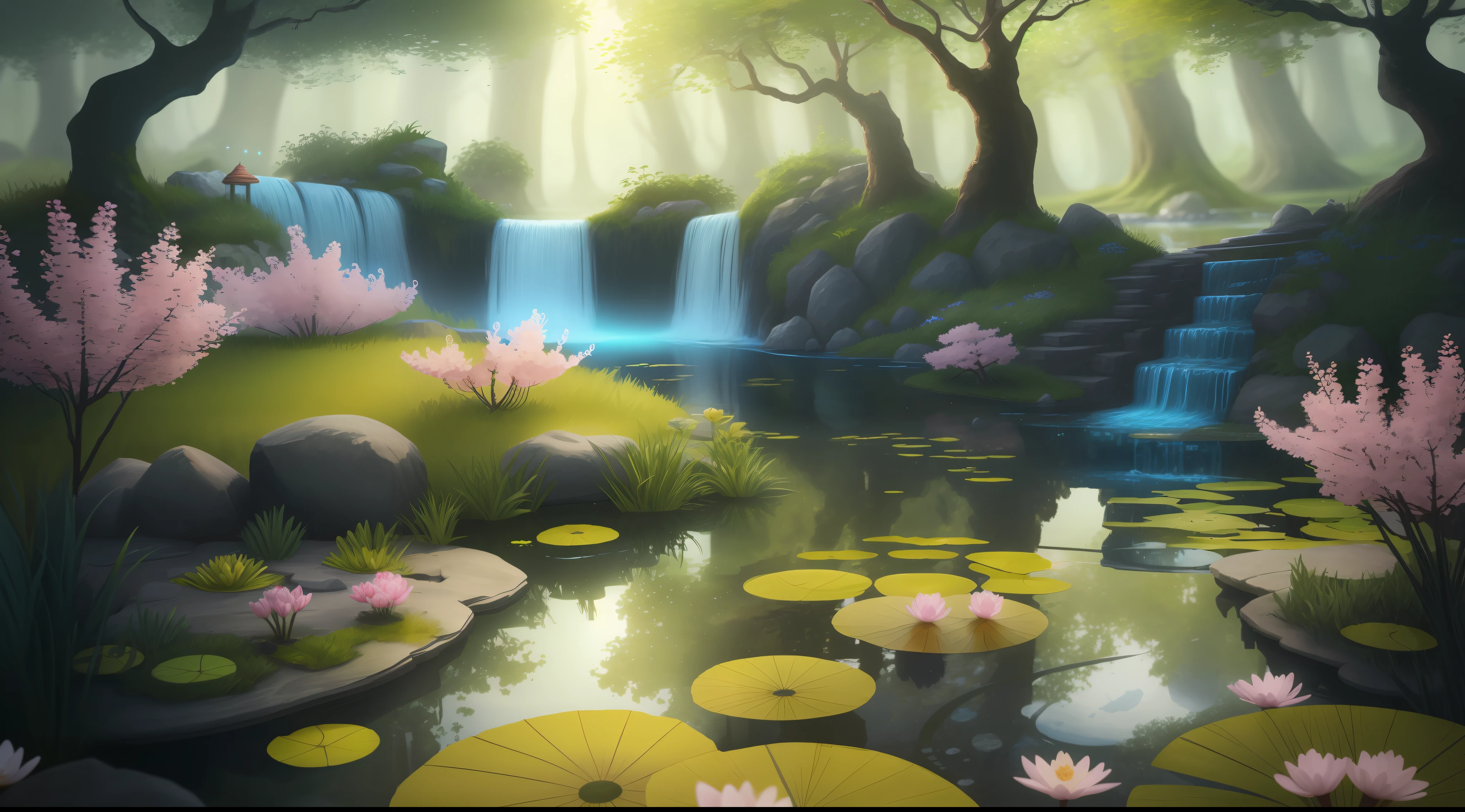 Looking at a miniature lake in front of you, you cannot help but be enchanted. The pond, no bigger than a 's toy, stands alone, with a small miniature waterfall iridescent with luminescent sakura blossoms. Closer inspection reveals intricate details, such as tiny flowers blooming in the front yard. As you marvel at the sight before you, your mind begins to imagine the adventures that can befall this enchanted water. High resolution, 8K ultra