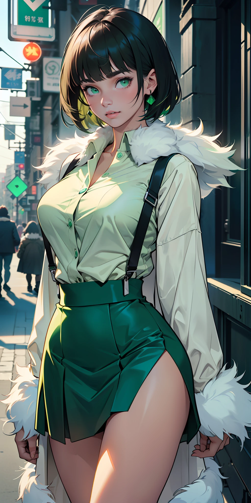 The best possible quality ((high resolution 8k)),a beautiful woman, the most beautiful girl, the best, beautiful short hair, short hair with bangs, ((very well detailed green eyes)),with a white blouse, suspenders, very dark green mini skirt,((with a long white and dark green fur coat)),walking, ((with a blouse, dark green mini skirt),  very large breasts