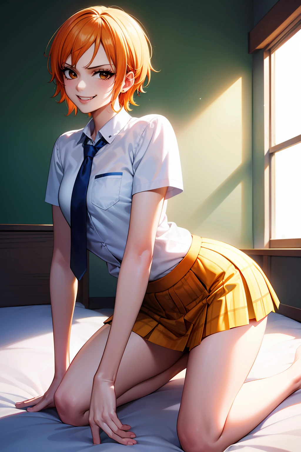 Masterpiece, top quality, high resolution, masterpiece, (One Piece, Nami), adult woman, one, school uniform, yellow plaid tie, white shirt, pleated mini skirt, yellow plaid miniskirt, short hair, evil smile, orange hair, evil smile, evil plan, brown eyes, jail, prison, bed, kneeling