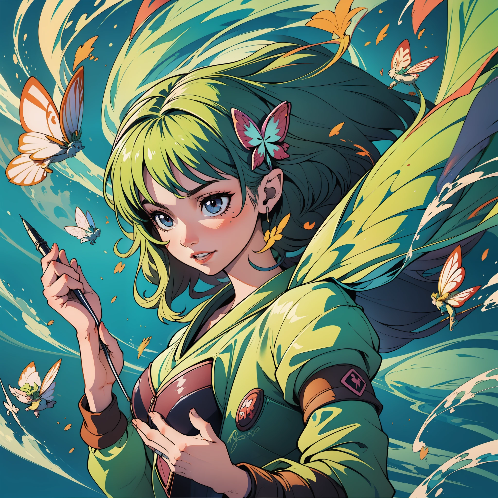 The girl in the scroll calligraphy and painting, splashing ink with a pen, fairy air fluttering